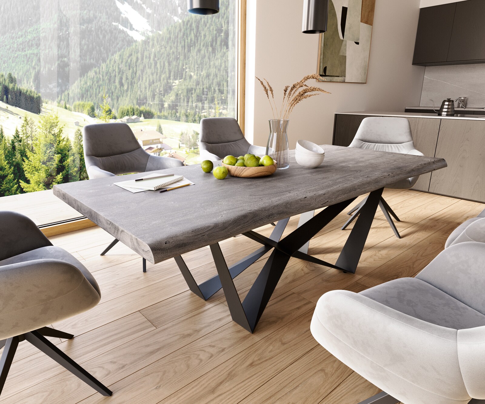 Table à manger Edge 220x100 XL acacia platine Spider acier plat noir Live-Edge 1