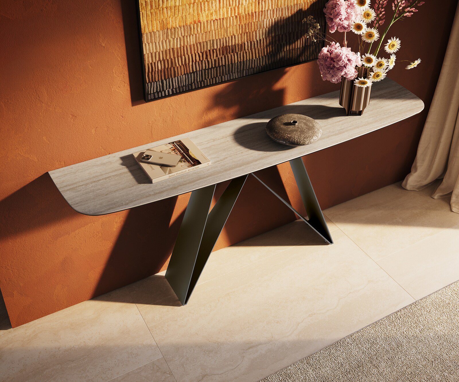 Console Edge forme bateau 180x40 cm Céramique Laminam® Travertino Bianco Creme-Weiß Velio Métal Effektfinish Titan 4