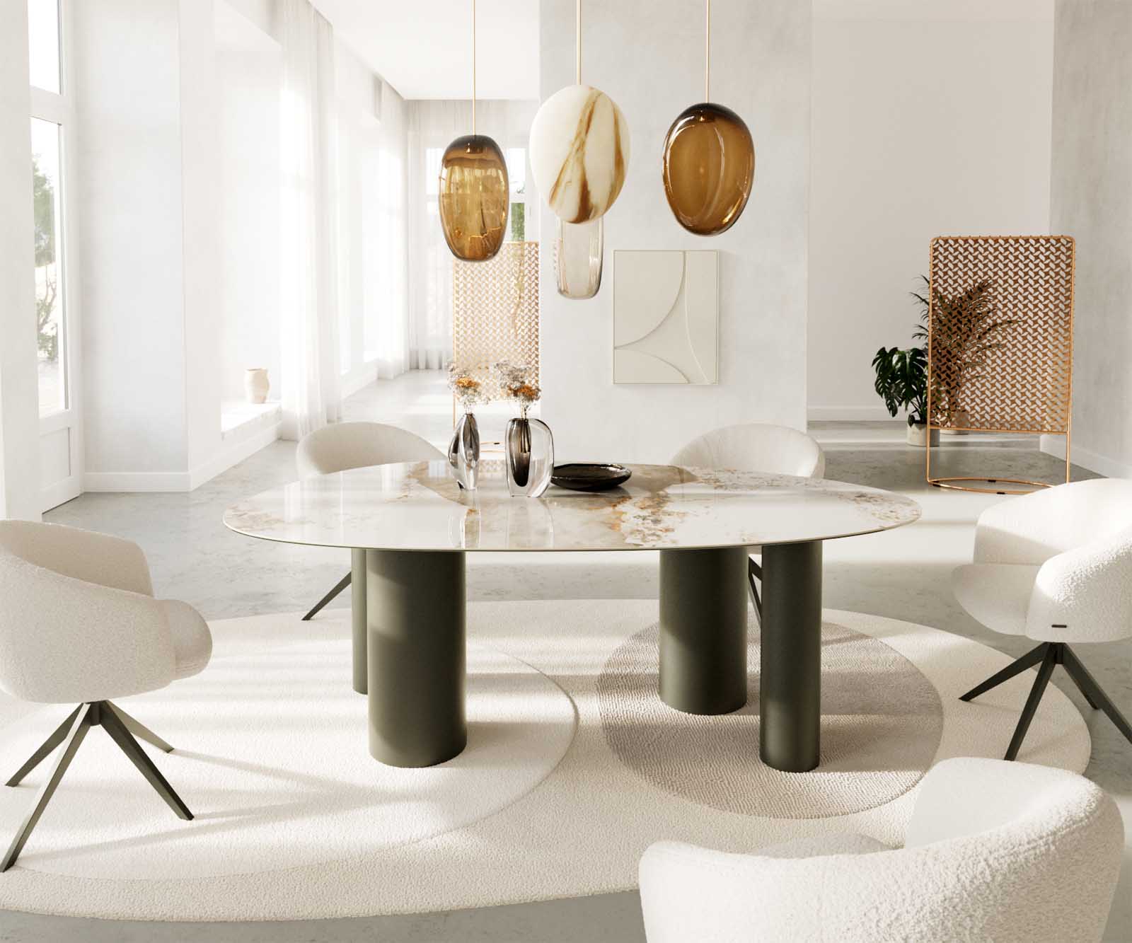 Table à manger Edge Oval 220x120 Céramique Minas Melange Blanc-Beige Pilier Métal Effet Titane 1