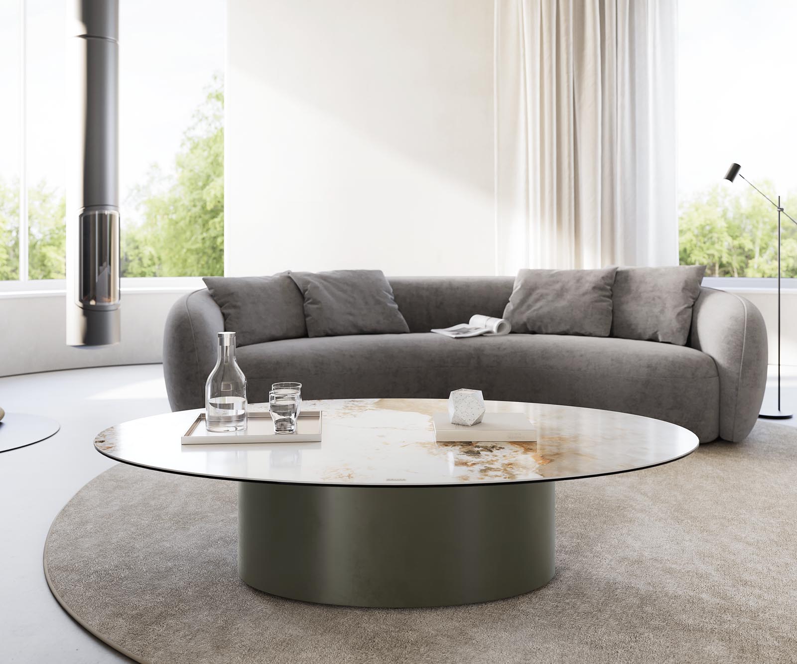 Table-basse Casilda 150x90 cm céramique Minas Melange blanc-beige pied central Finition à effet titane 1