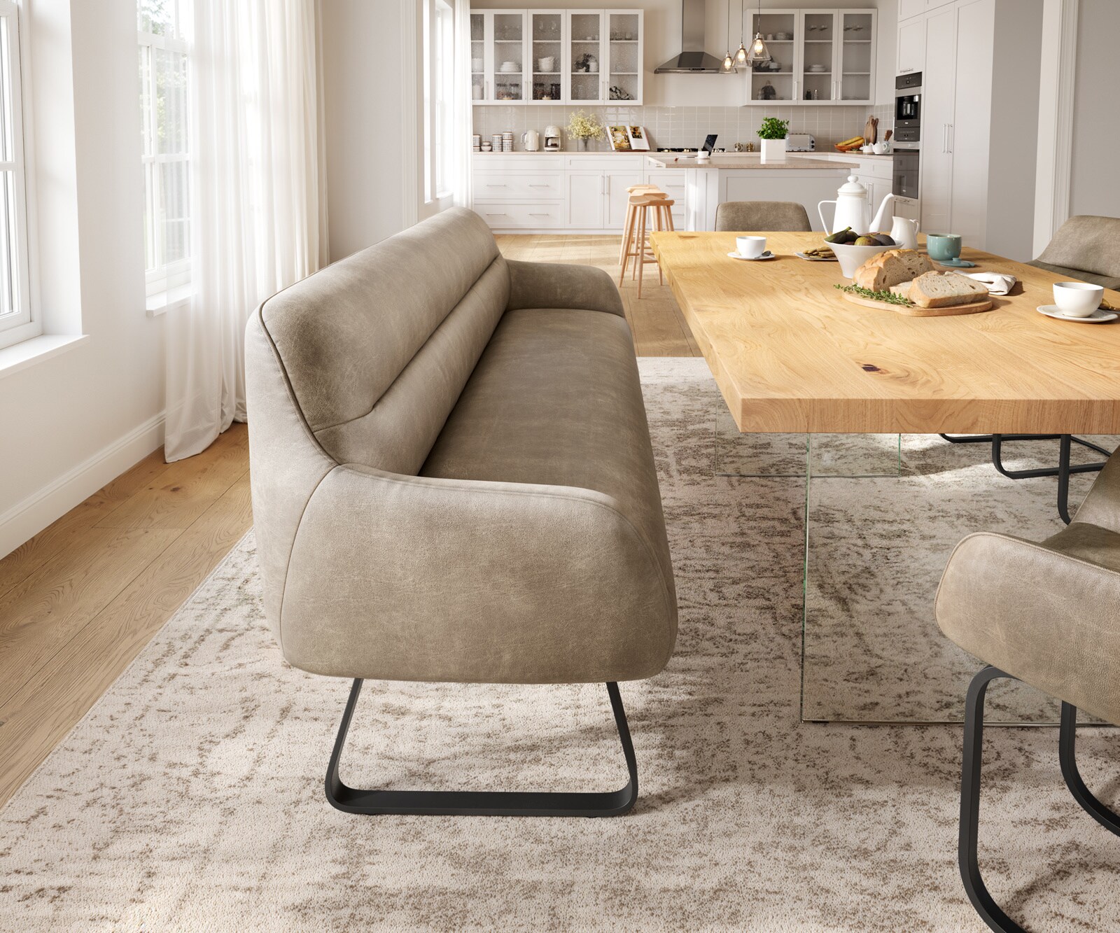 Banc-de-salle-à-manger Taya-Flex 200 cm microfibre beige vintage châssis à patins plat noir ressort ensaché 1