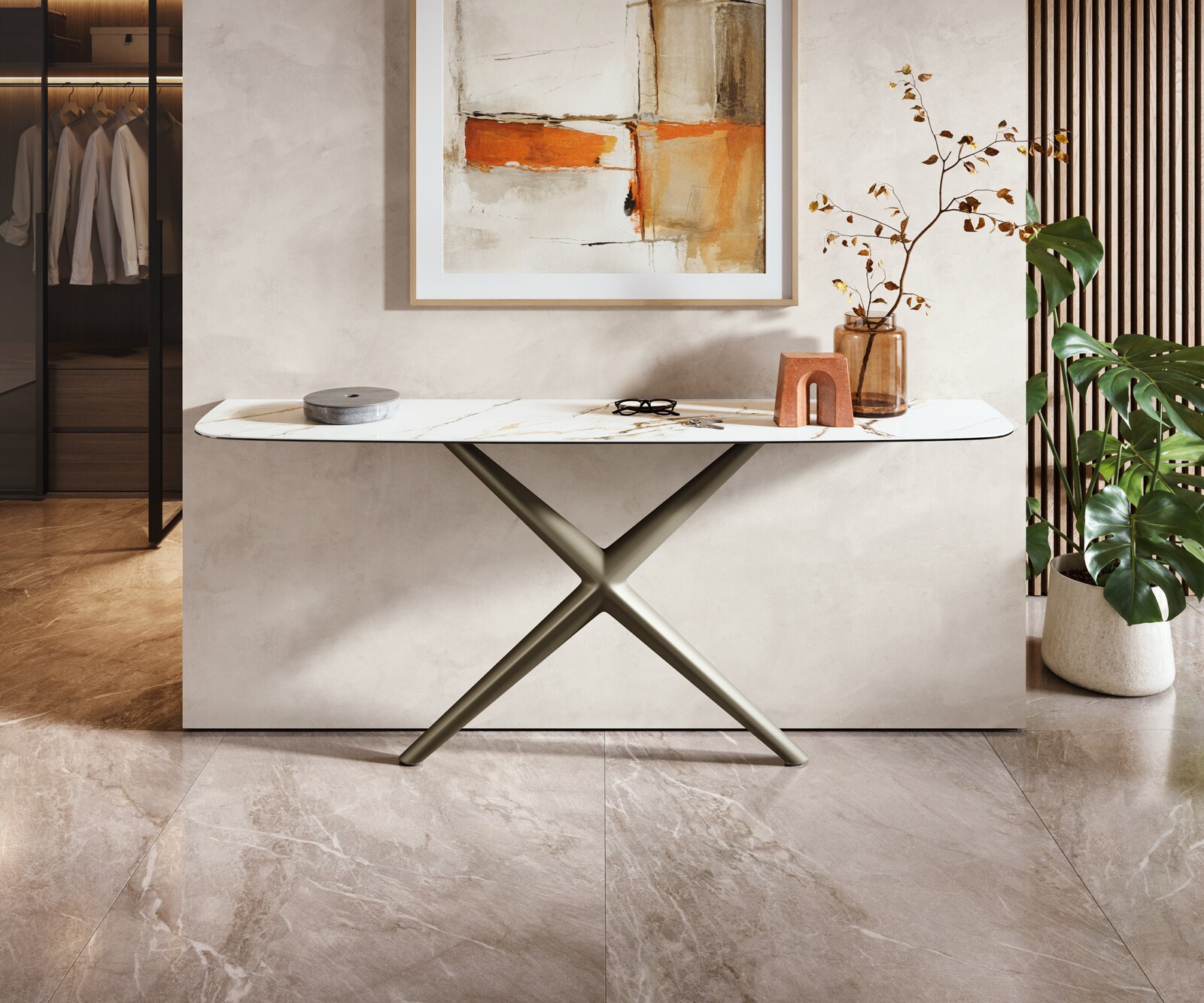 Console Edge forme bateau 180x40 cm Céramique Calacatta Luxe Weiß-Gold-Gris Estelo Métal Effektfinish Titan 1