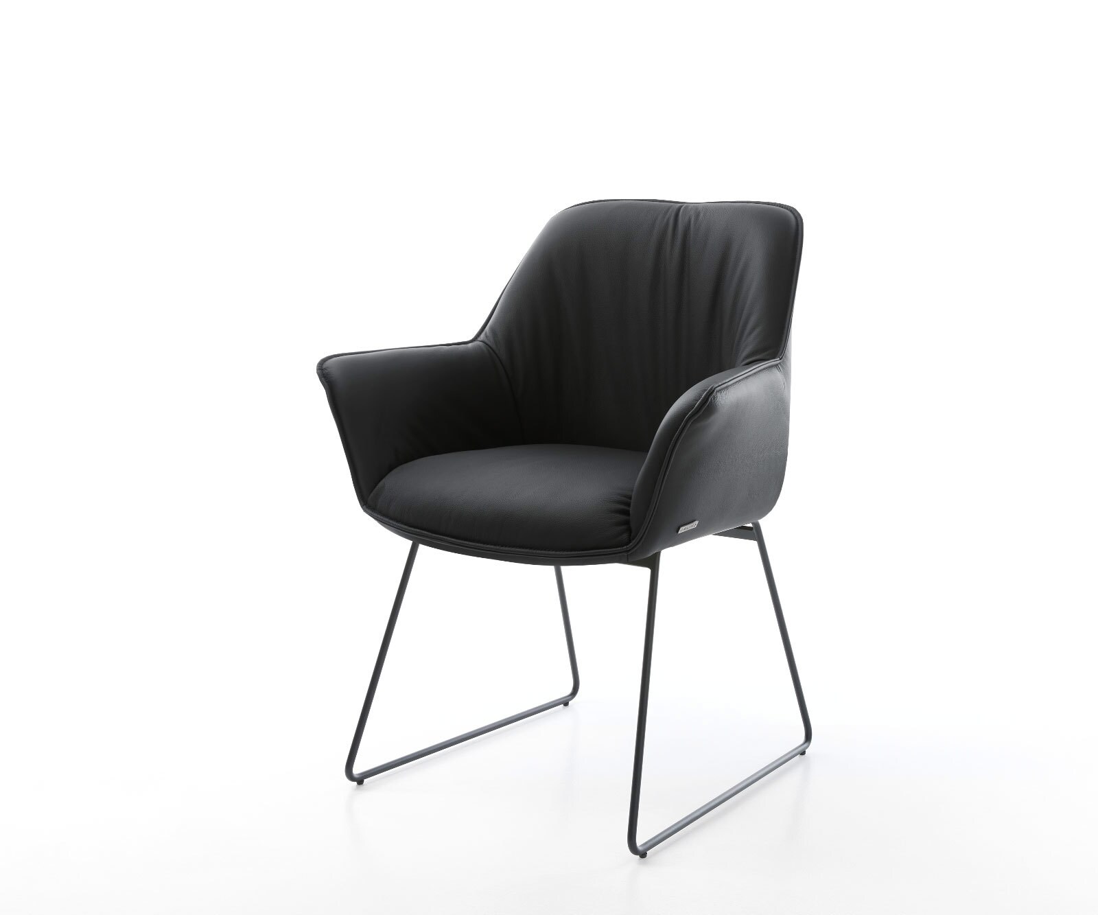 Chaise-de-salle-à-manger Keila-Flex avec accoudoirs cuir de vache noir pied trapèze noir