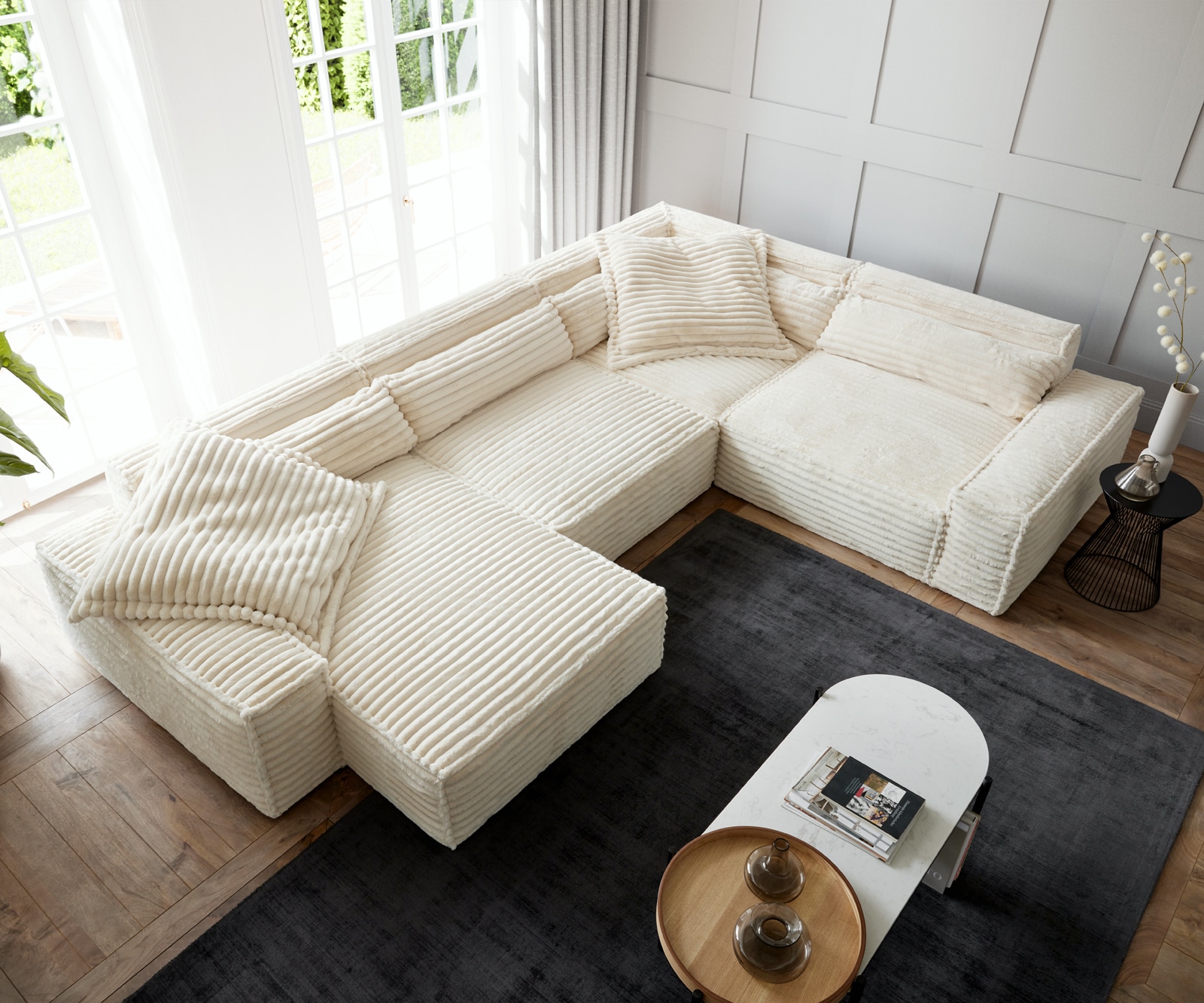 Canapé panoramique Sirpio XL 360x260 cm velours côtelé Beige Recamière variable 3 Canapé panoramique Sirpio XL 360x260 cm velours côtelé Beige Recamière variable 3