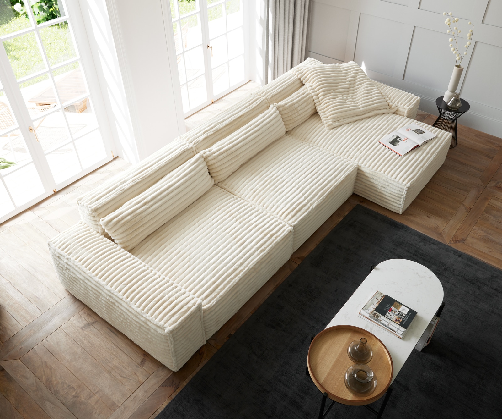 Canapé d'angle Sirpio XL 370x170 cm velours côtelé Beige Recamière variable 3 Canapé d'angle Sirpio XL 370x170 cm velours côtelé Beige Recamière variable 3