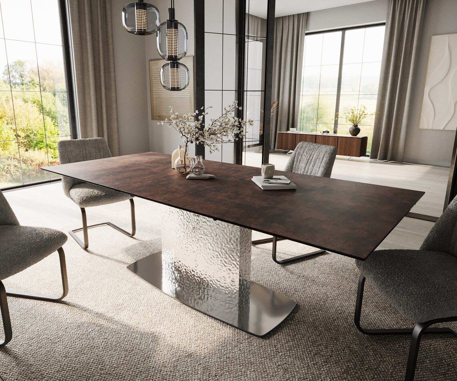 Table de salle à manger Edge 180-220x90 verre antique-brun Wave inox extensible 1