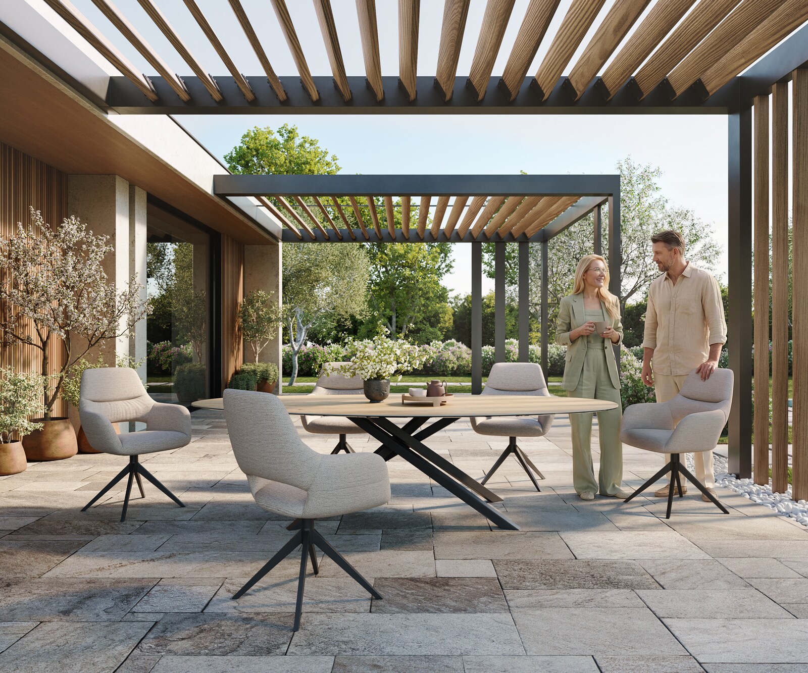 Table d’extérieur Edge Ovale 280x130 cm céramique Laminam® Sabbia couleur chêne piètement croisé rectangulaire noir 1