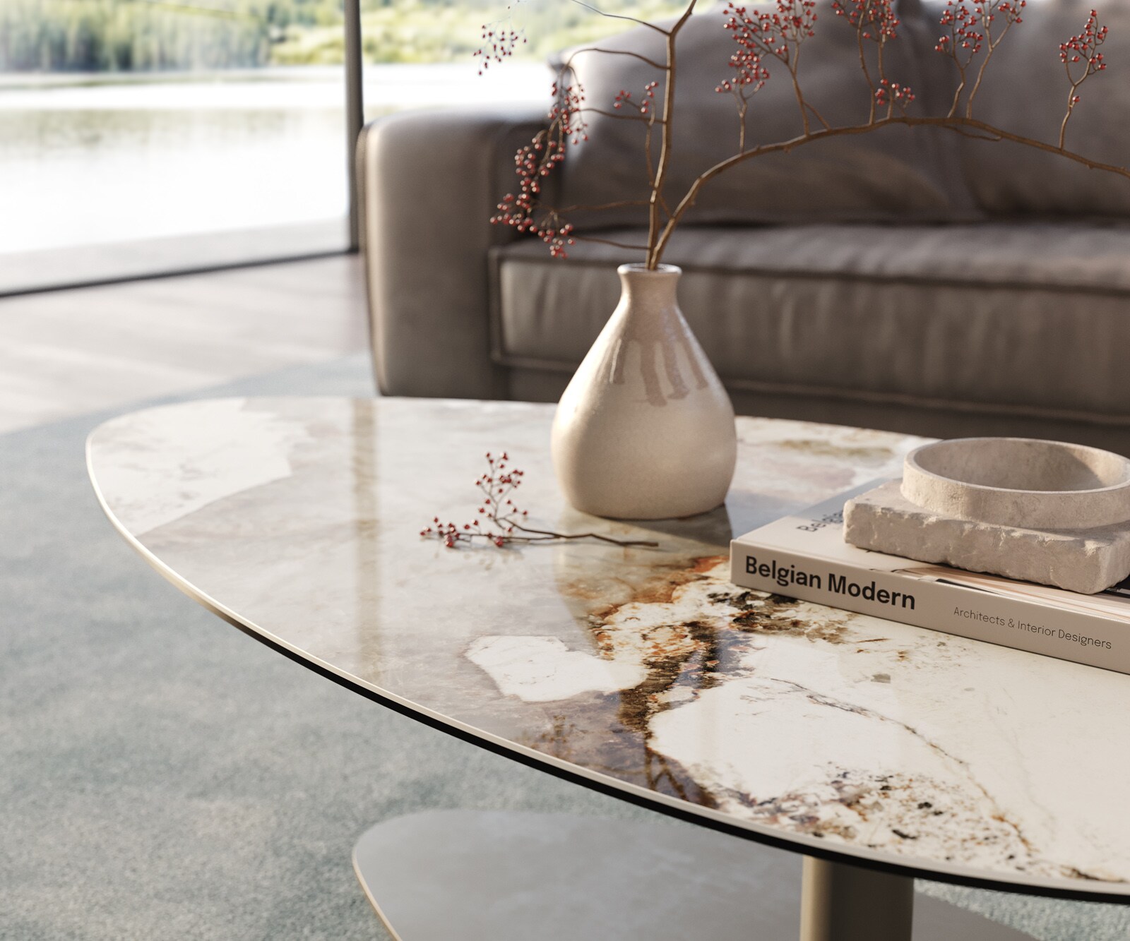 Table basse Edge Organique 140x76 cm céramique Minas Melange Vibany Metall finition effet titane 6