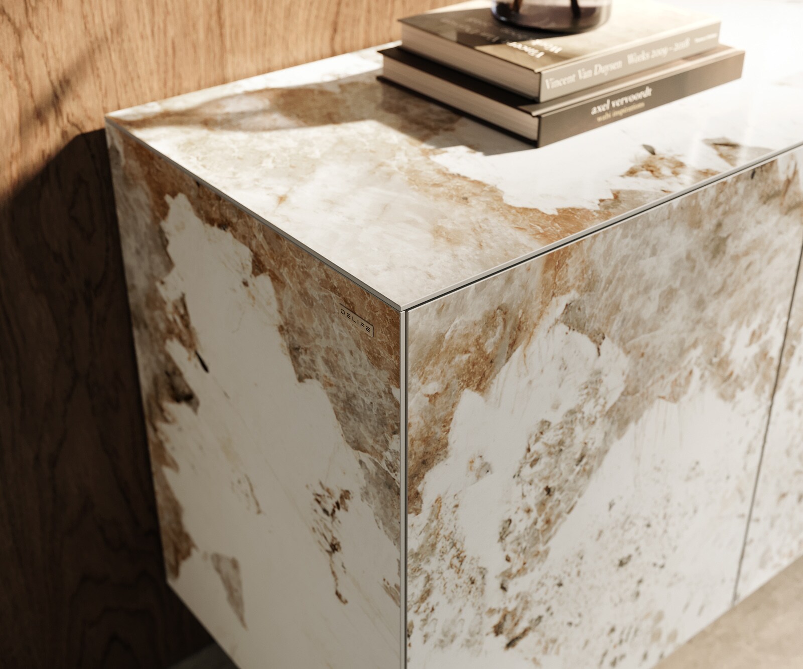 Buffet Cuor 150 cm Céramique Minas Melange Blanc-beige 3 Portes Pied optique flottant Métal Noir 5