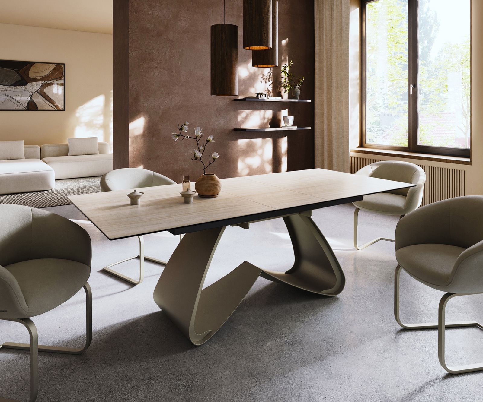 Table à manger Edge 180-220x100 céramique Laminam® Travertino Bianco crème-blanc cadre en W effet finition titanee extensible