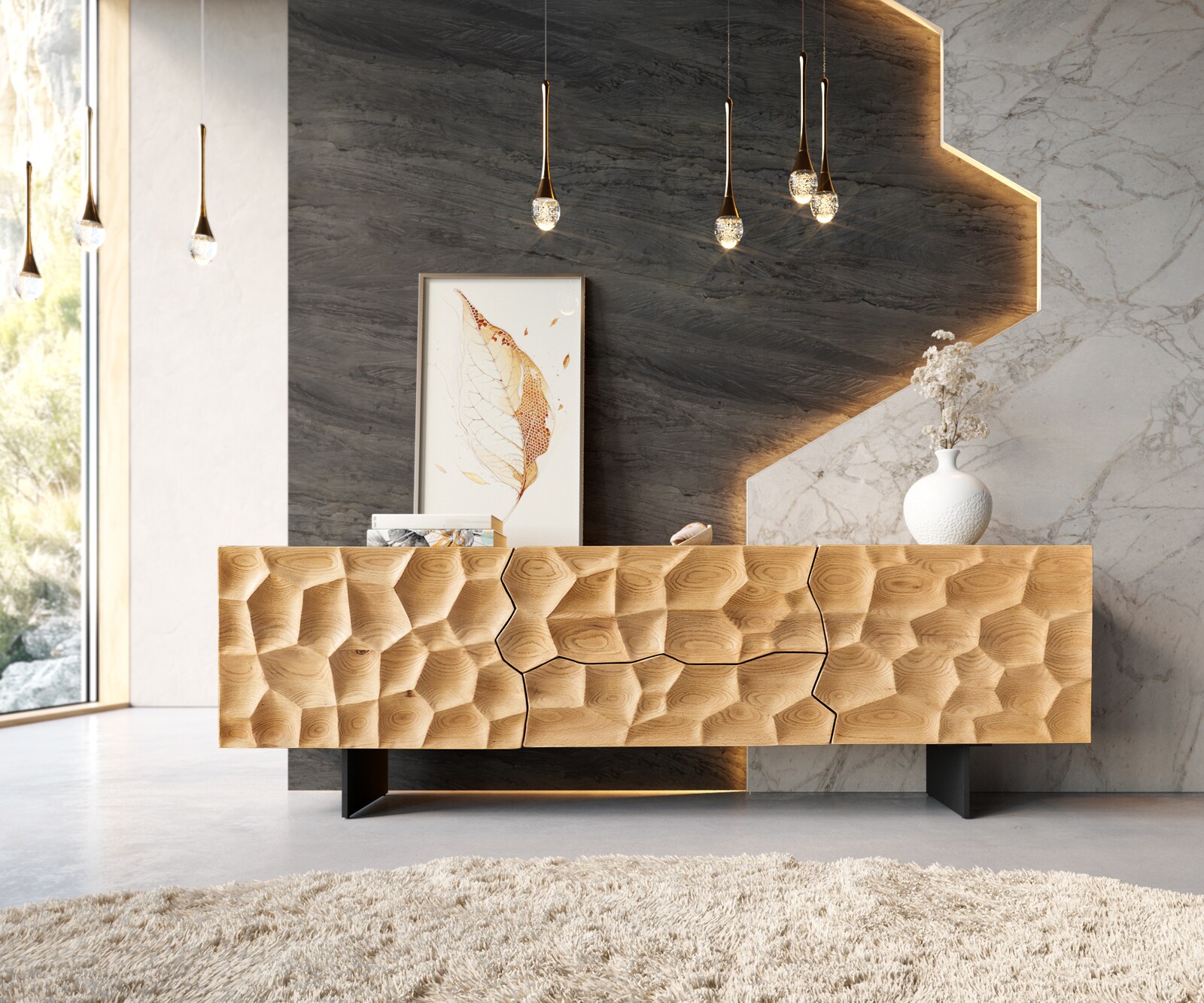 Meuble TV Solu 175 cm en chêne naturel 2 portes 2 tiroirs Pieds en métal noir face avant 3D. 1