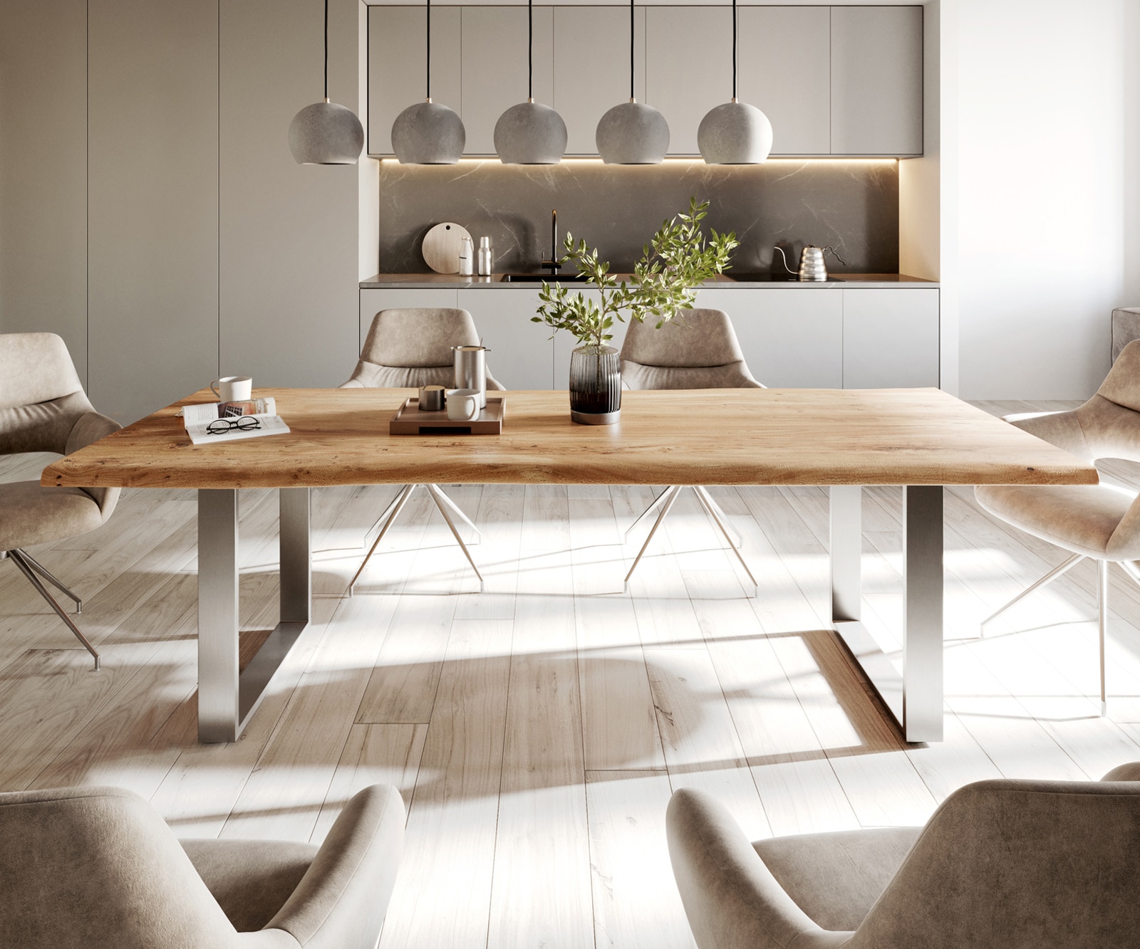 Table-à-manger Edge 240x100cm acacia nature acier inoxydable mince Live-Edge 2