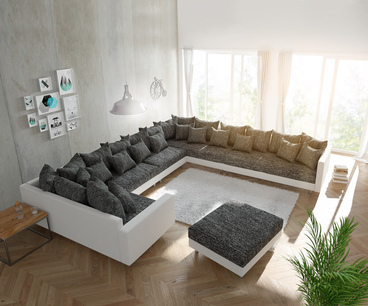 Canapé-panoramique Clovis XXL blanc noirz avec tabouret et accoudoirs poufs droite Canapé-panoramique Clovis XXL blanc noirz avec tabouret et accoudoirs poufs droite