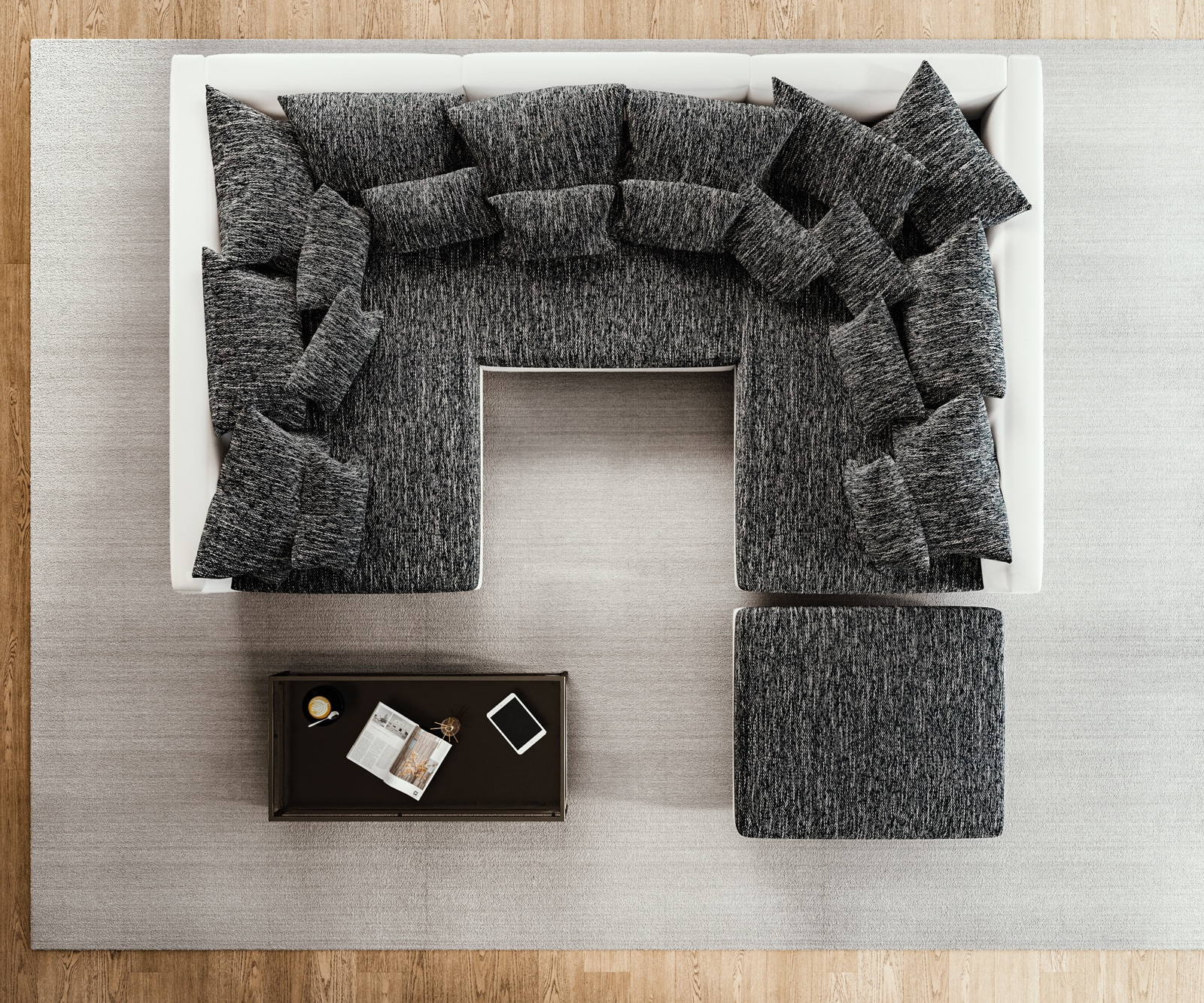 Canapé panoramique Clovis Blanc Noir modulable avec tabouret  4