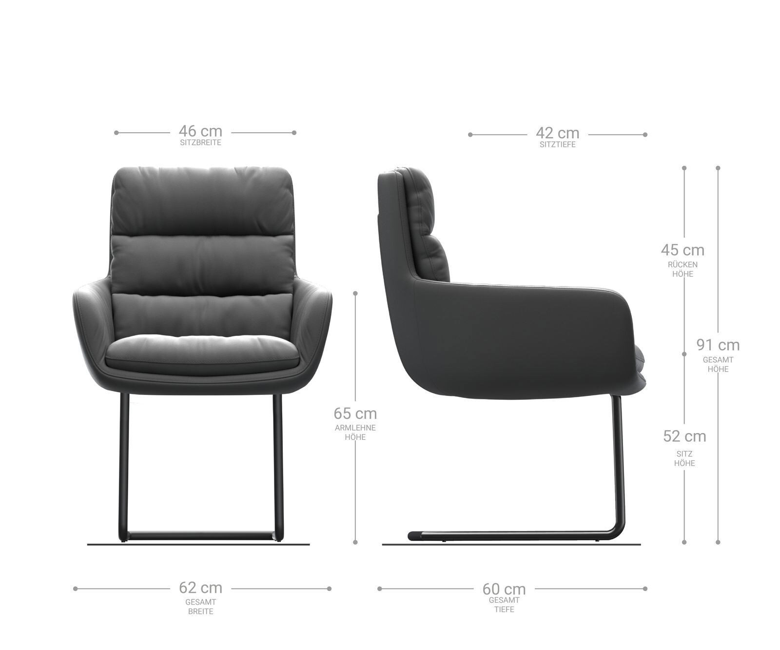 Cantilever Abelia-Flex avec accoudoirs cuir de vache noir pied cantilever rond acier inoxydable brossé 6