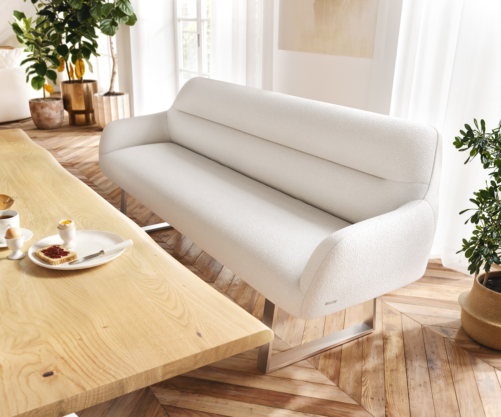 Banc-de-salle-à-manger Taya-Flex 200 cm bouclé crème-blanc piètement à patins angulaire acier inoxydable ressort ensaché 1