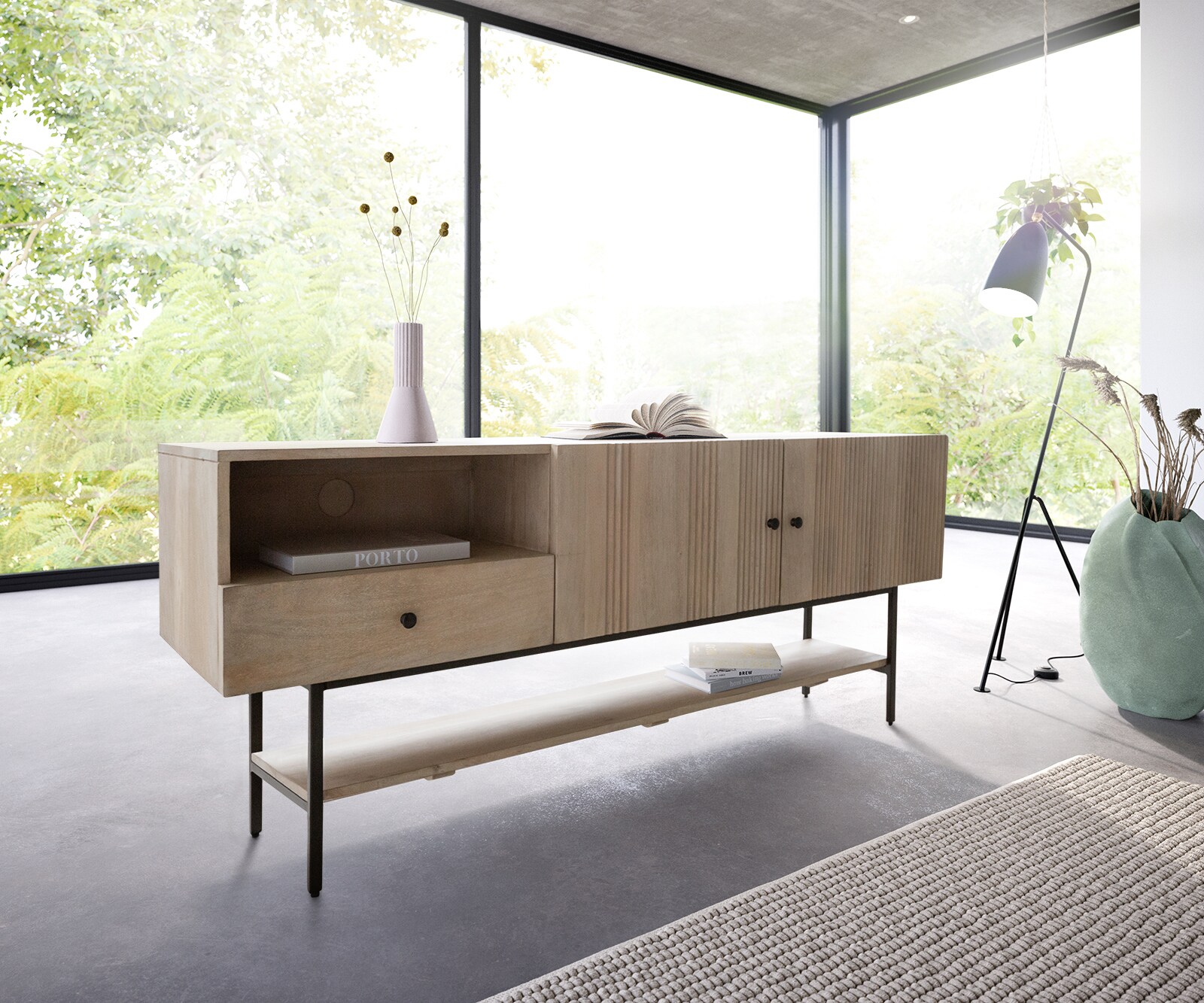 Meuble-TV Nessa 160x40 cm Manguier White Wash Métal Noir 1 tiroir 2 portes 1