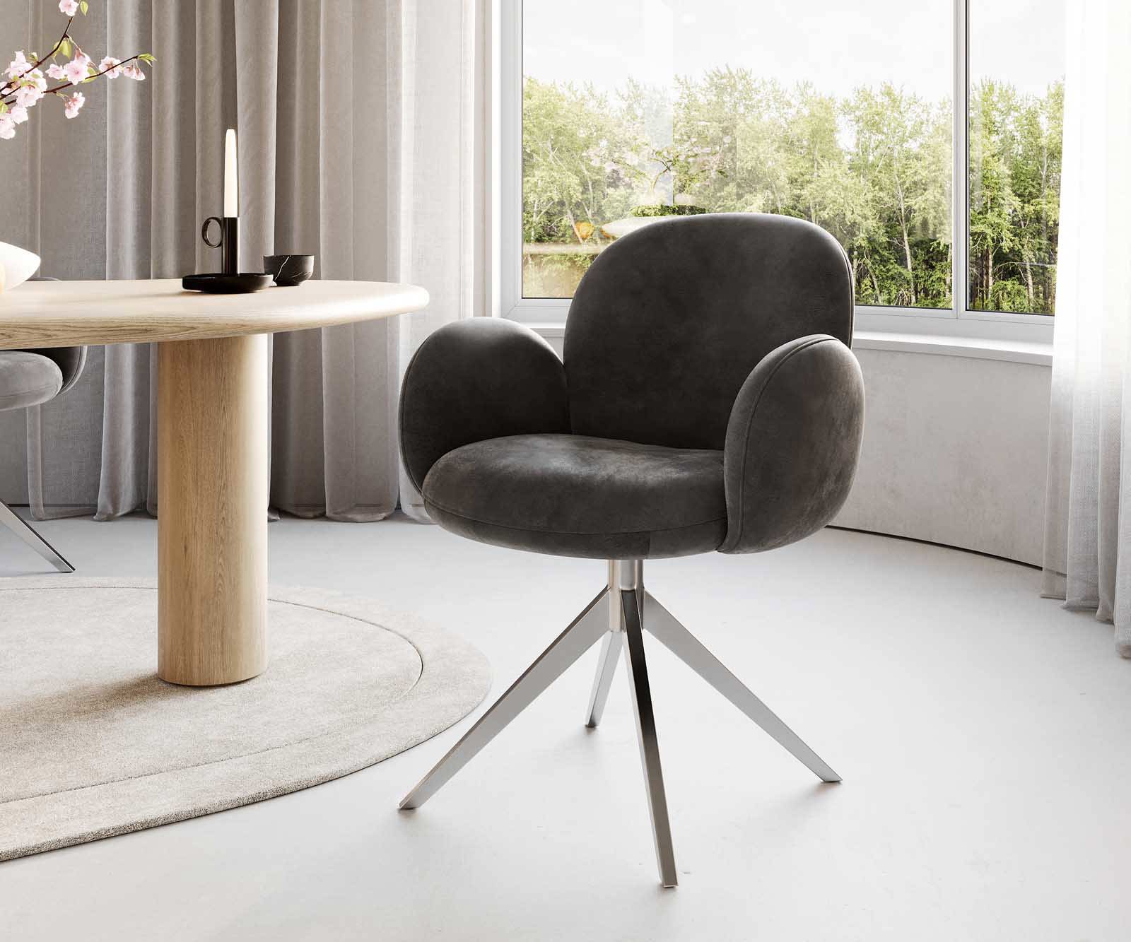 Chaise-pivotante Nube-Flex avec accoudoirs microvelours anthracite vintage pied croisé large acier inoxydable brossé pivotement sur 360° ressorts ensachés