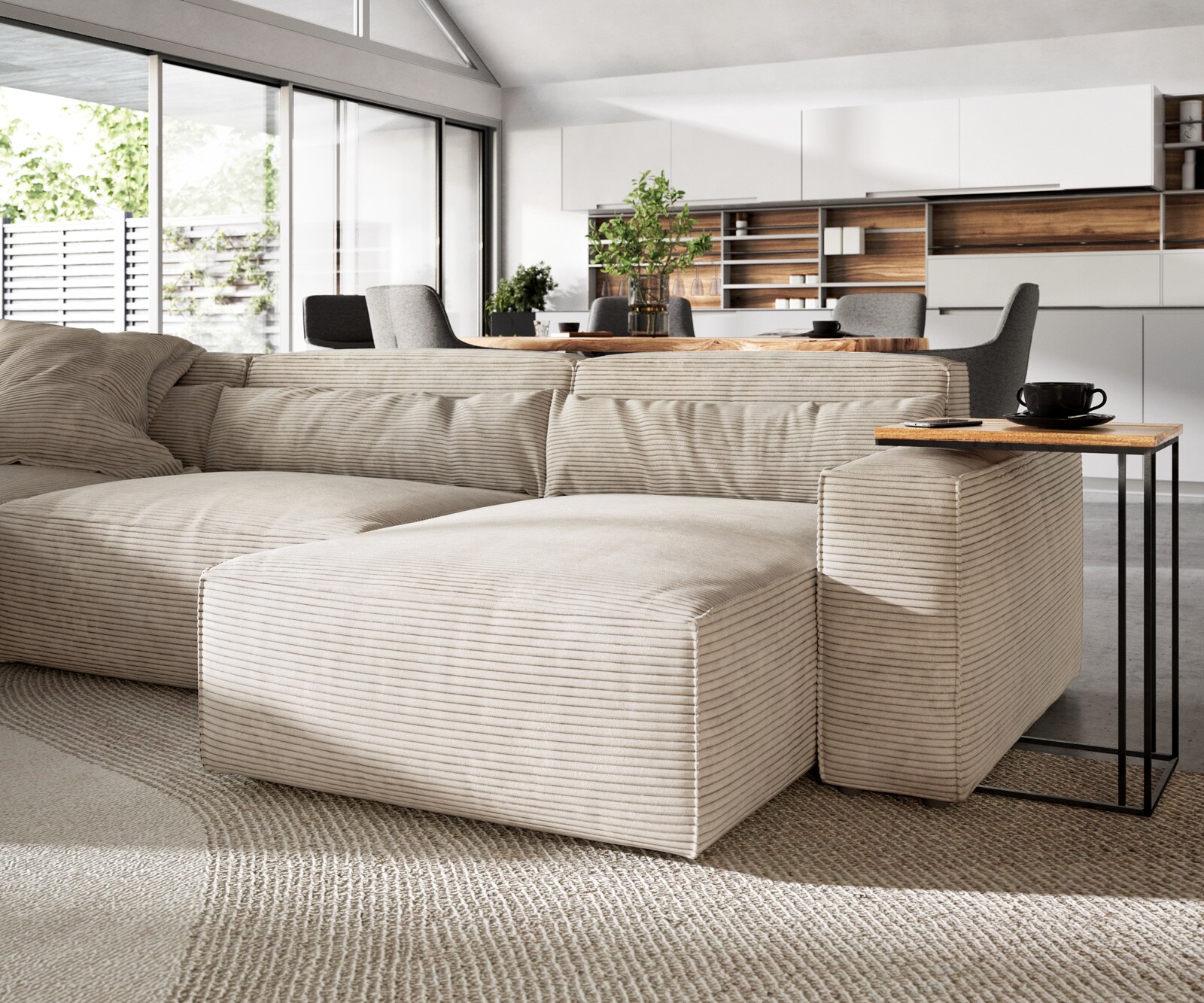 Canapé panoramique Sirpio 300x210 cm Velours côtelé Beige Recamiere variable avec Tabouret 4