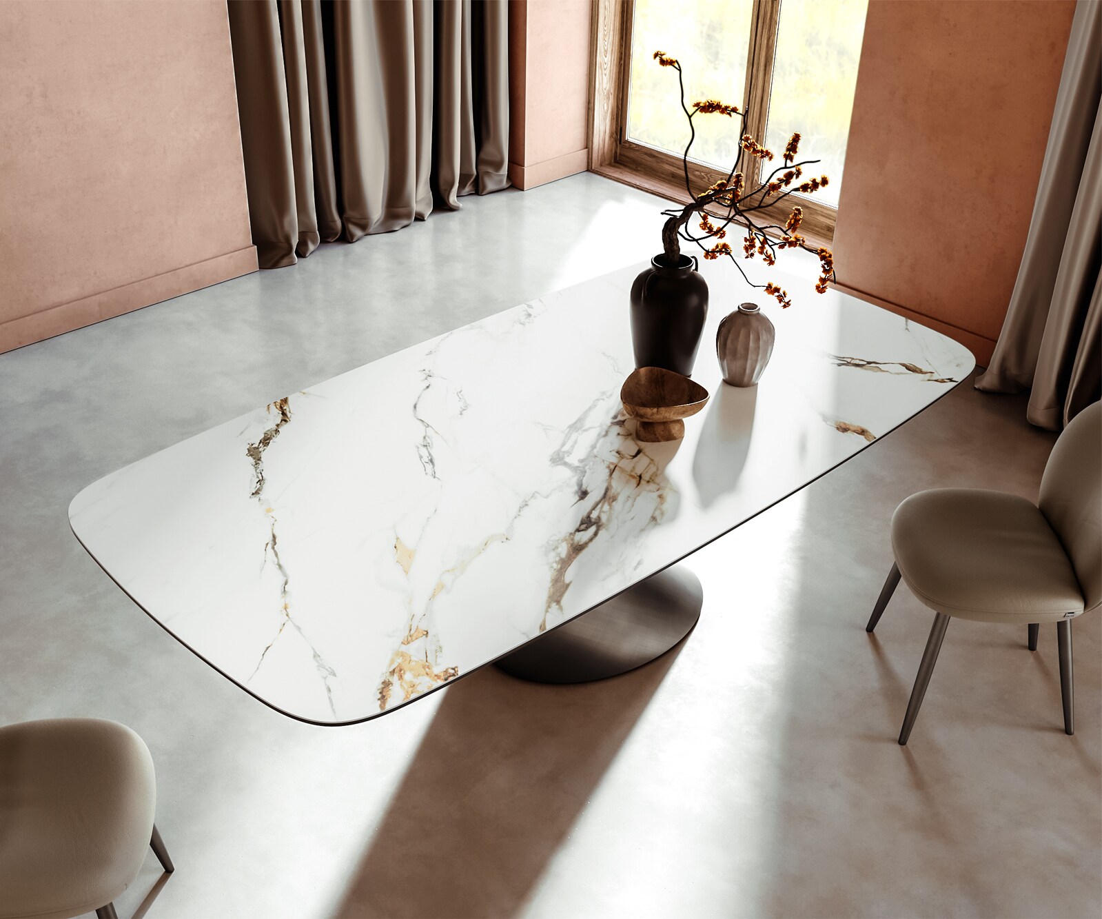 Table à manger Edge Boot 240x120 céramique Calacatta Luxe blanc-doré-gris Cono métallique argent 3