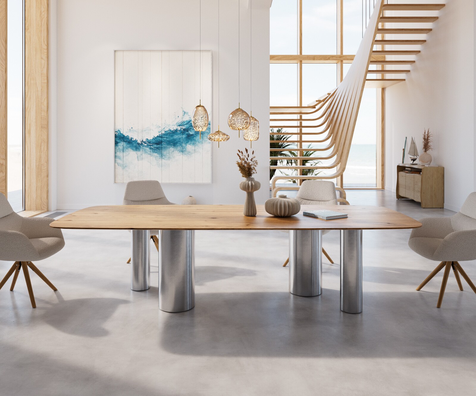 Table à manger Edge Boot 300x120x2,5-3 Chêne Nature Pilier Acier inoxydable brossé Bord suisse 1