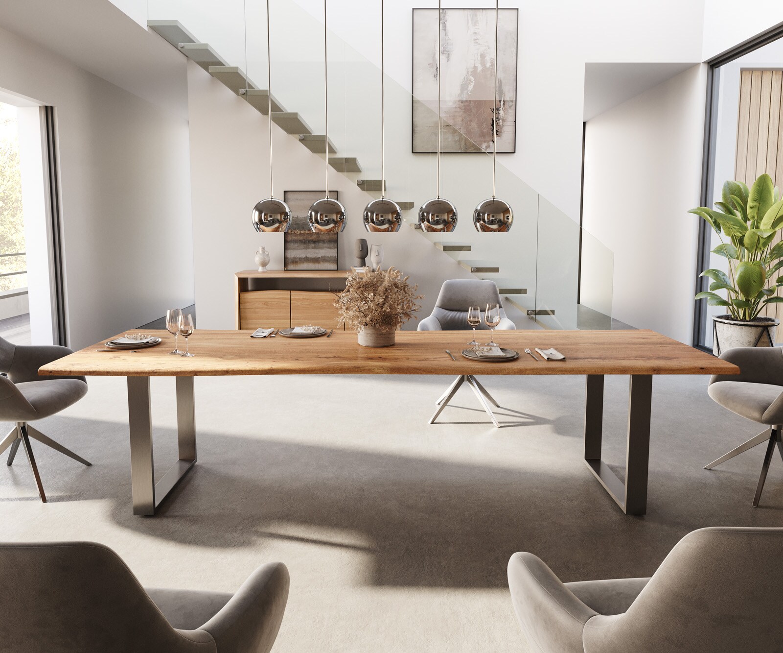 Table-à-manger Edge 300x100 acacia nature acier inoxydable mince Live-Edge 1