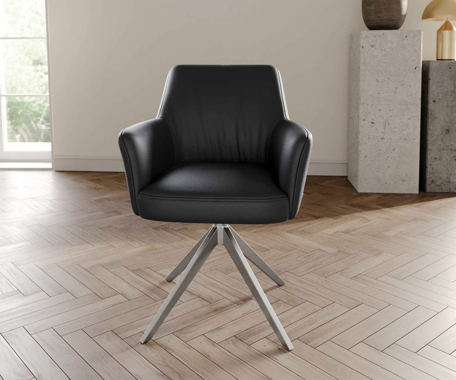 Chaise-pivotante Xana-Flex avec accoudoirs cuir de vache noir pied croisé large acier inoxydable brossé pivotement sur 360° ressorts ensachés 1