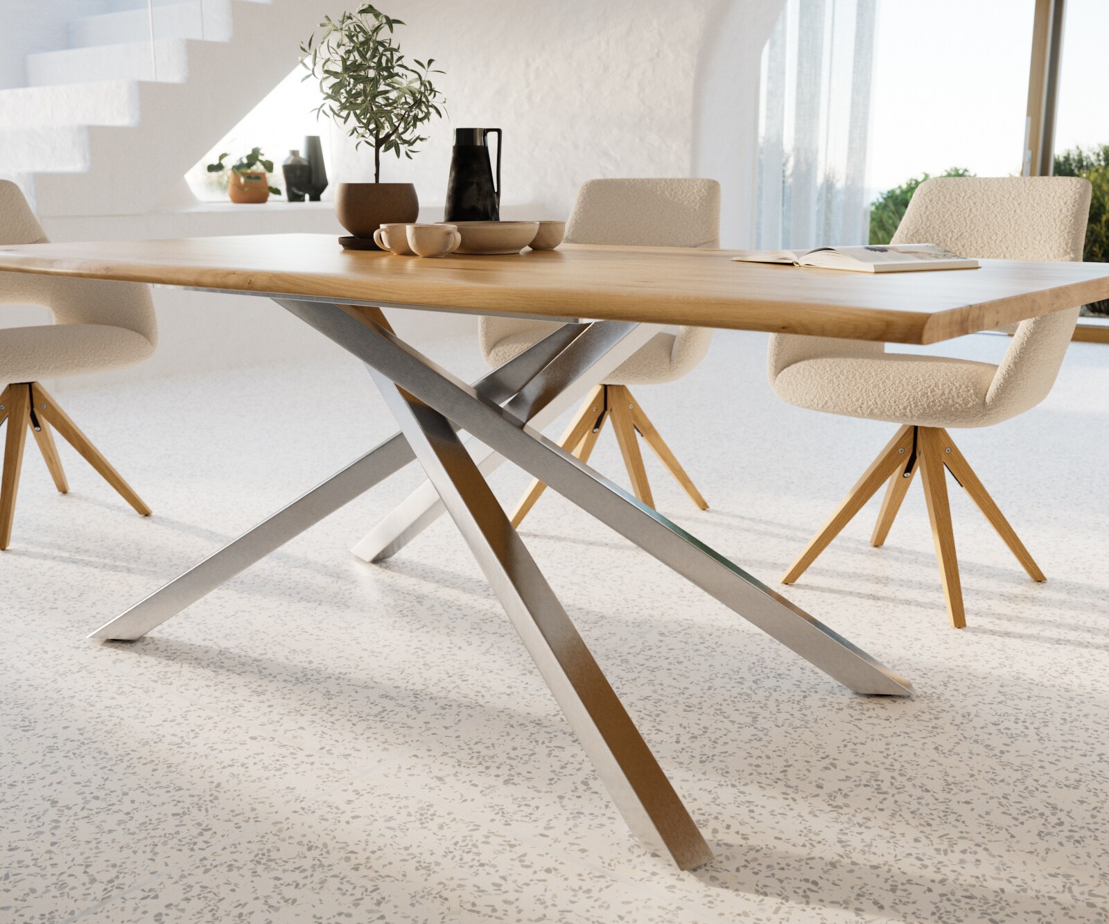 Table à manger Edge 200x100x2,5-3 chêne nature cadre croisé rectangle acier inoxydable Live-Edge 6 Table à manger Edge 200x100x2,5-3 chêne nature cadre croisé rectangle acier inoxydable Live-Edge 6