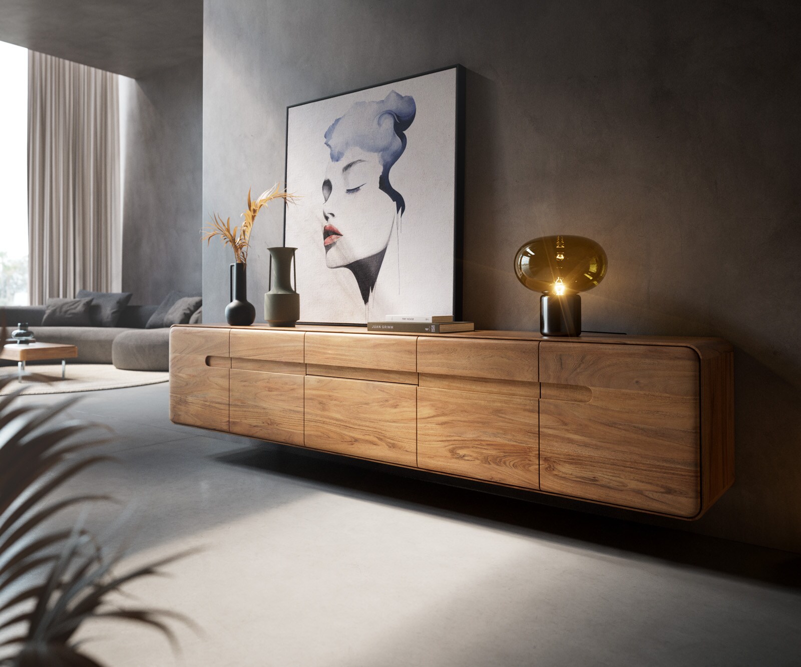 Meuble TV Anaya 220 cm Acacia Naturel 4 portes 2 tiroirs Suspendu 1