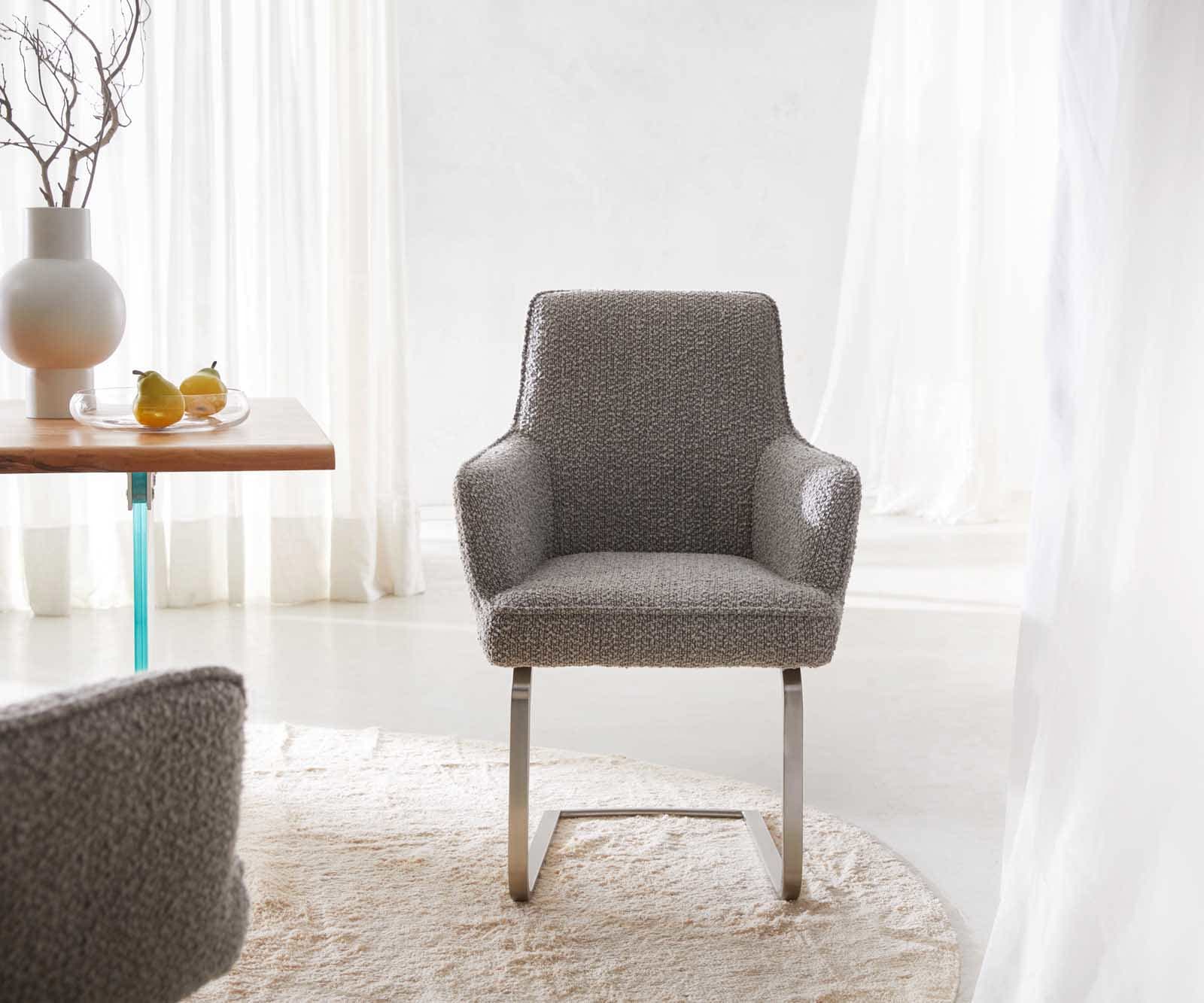 Cantilever Heira-Flex avec accoudoirs bouclé gris argenté pied cantilever plat acier inoxydable brossé ressorts ensachés 1 Cantilever Heira-Flex avec accoudoirs bouclé gris argenté pied cantilever plat acier inoxydable brossé ressorts ensachés 1