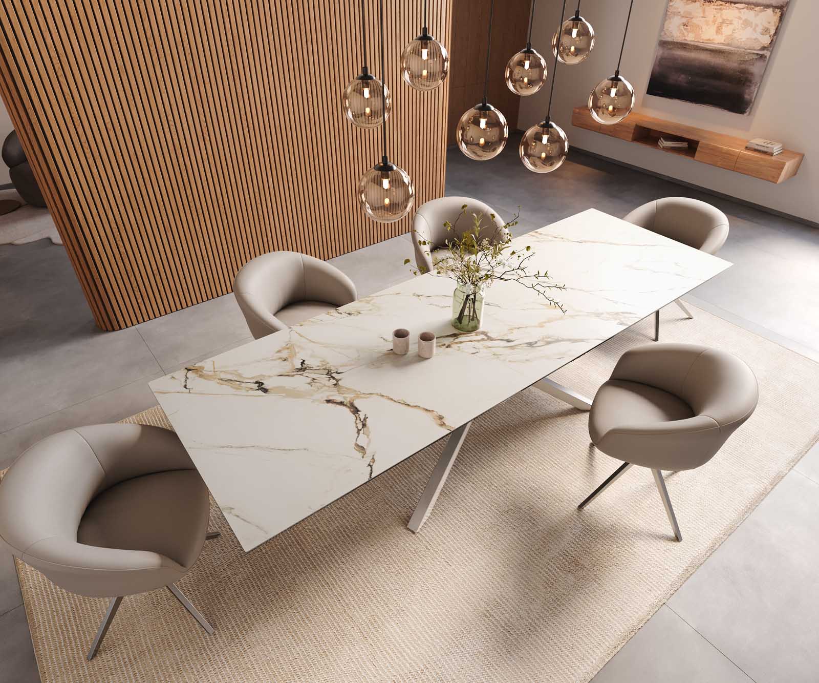 Table à manger Edge 300x100 céramique Calacatta Luxe blanc-doré-gris cadre croisé rectangulaire acier inoxydable 6