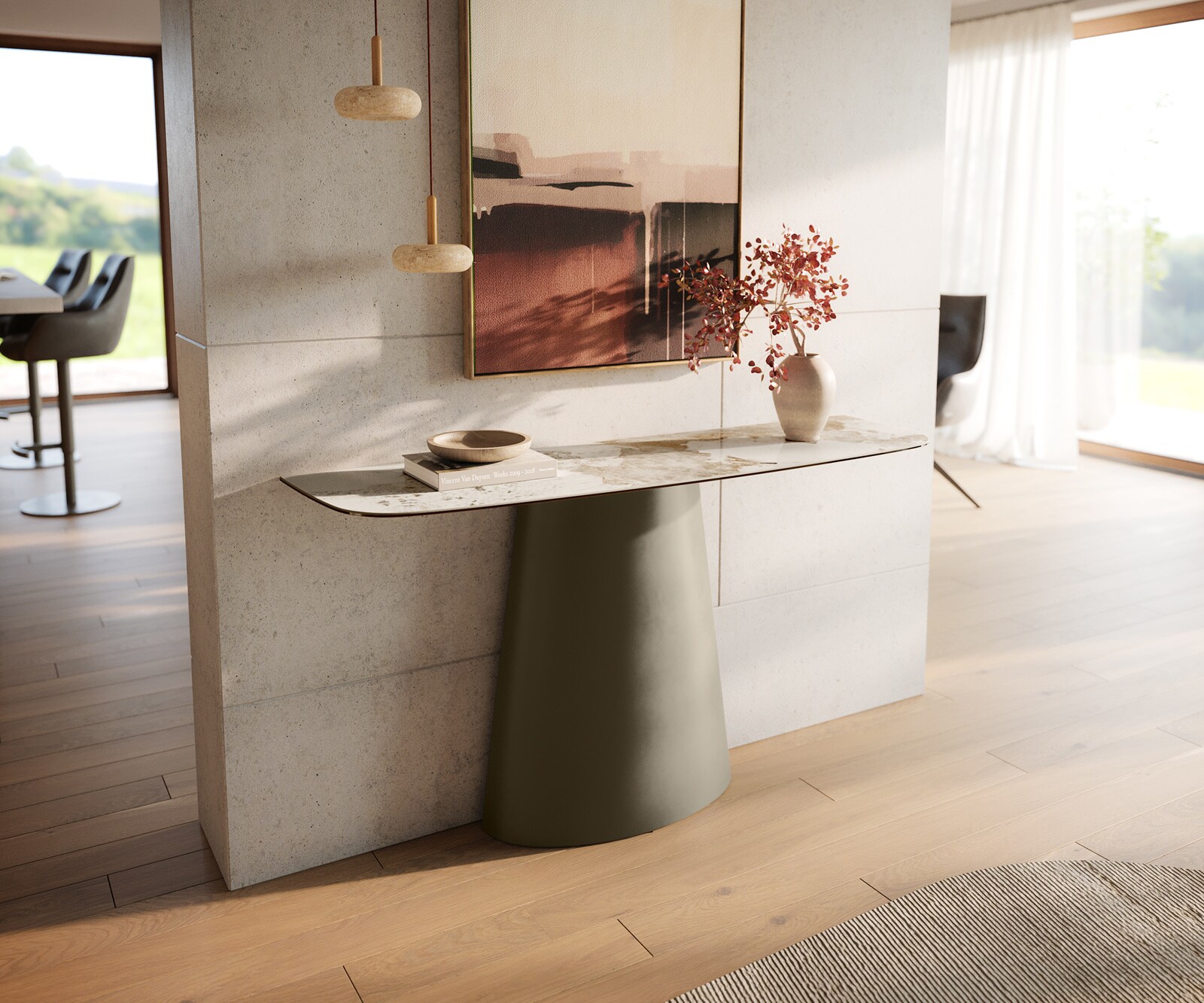 Console Edge forme bateau 140x40 cm Céramique Minas Melange Weiß-Beige Conos Métal Effektfinish Titan