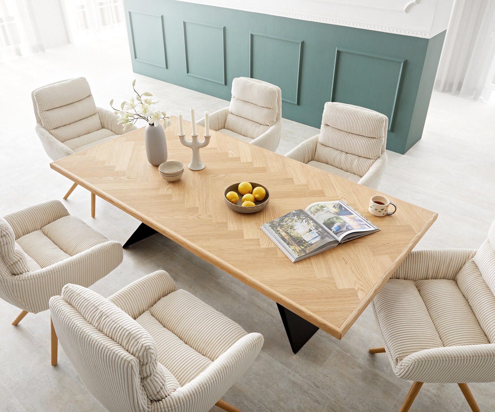 Table à manger Edge-pure 200x100 chêne nature Fishbone cadre en V acier plat noir 2