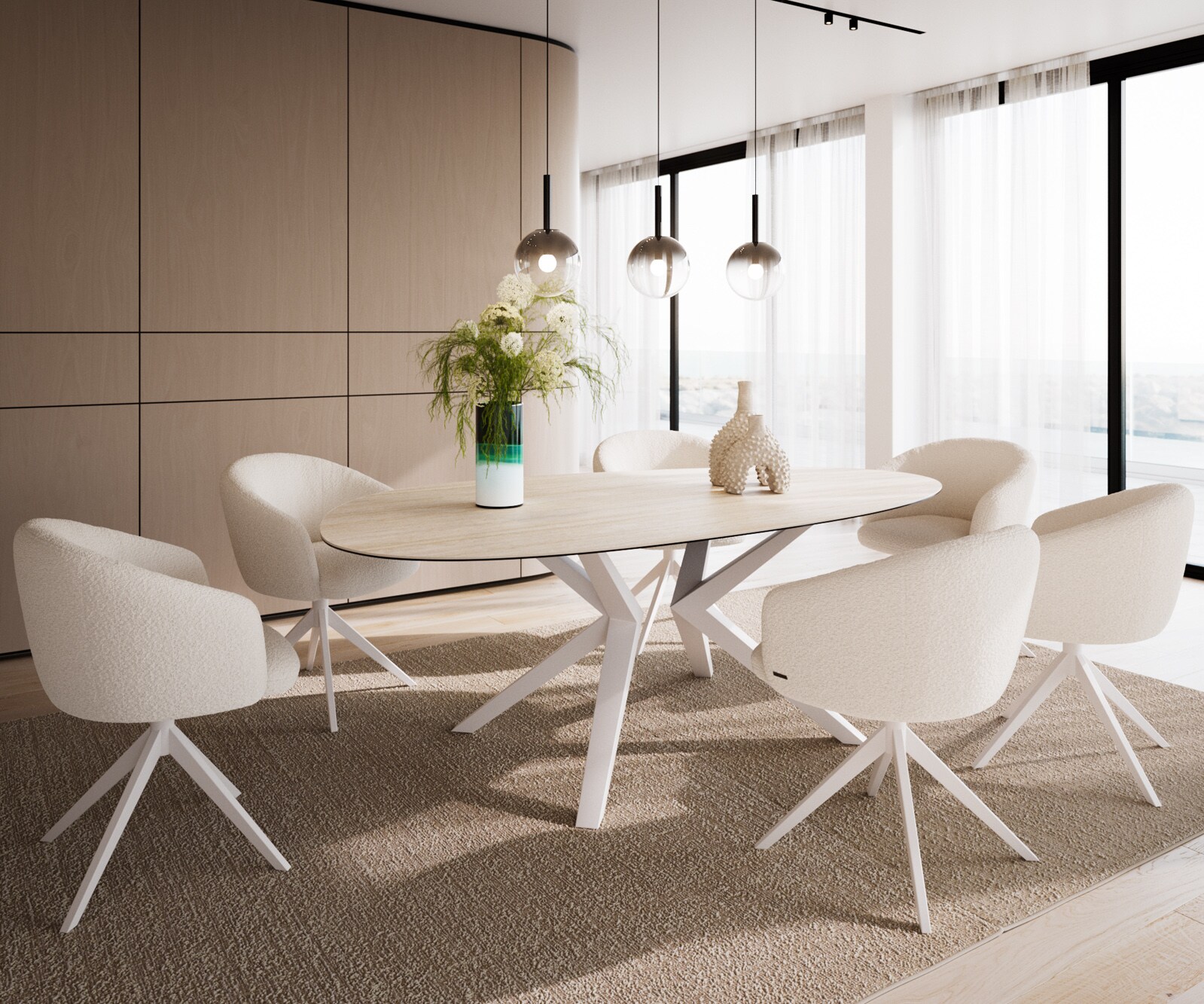 Table à manger Edge Ovale 220x120 Céramique Laminam®Travertino Bianco Crème-Blanc​ Zenthara anguleux Métal Blanc 6