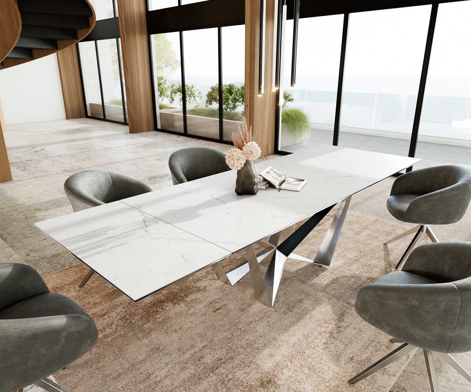 Table à manger Edge 200-300x100 céramique Laminam®Statuarietto blanc Spider acier plat acier inoxydable extensible 1