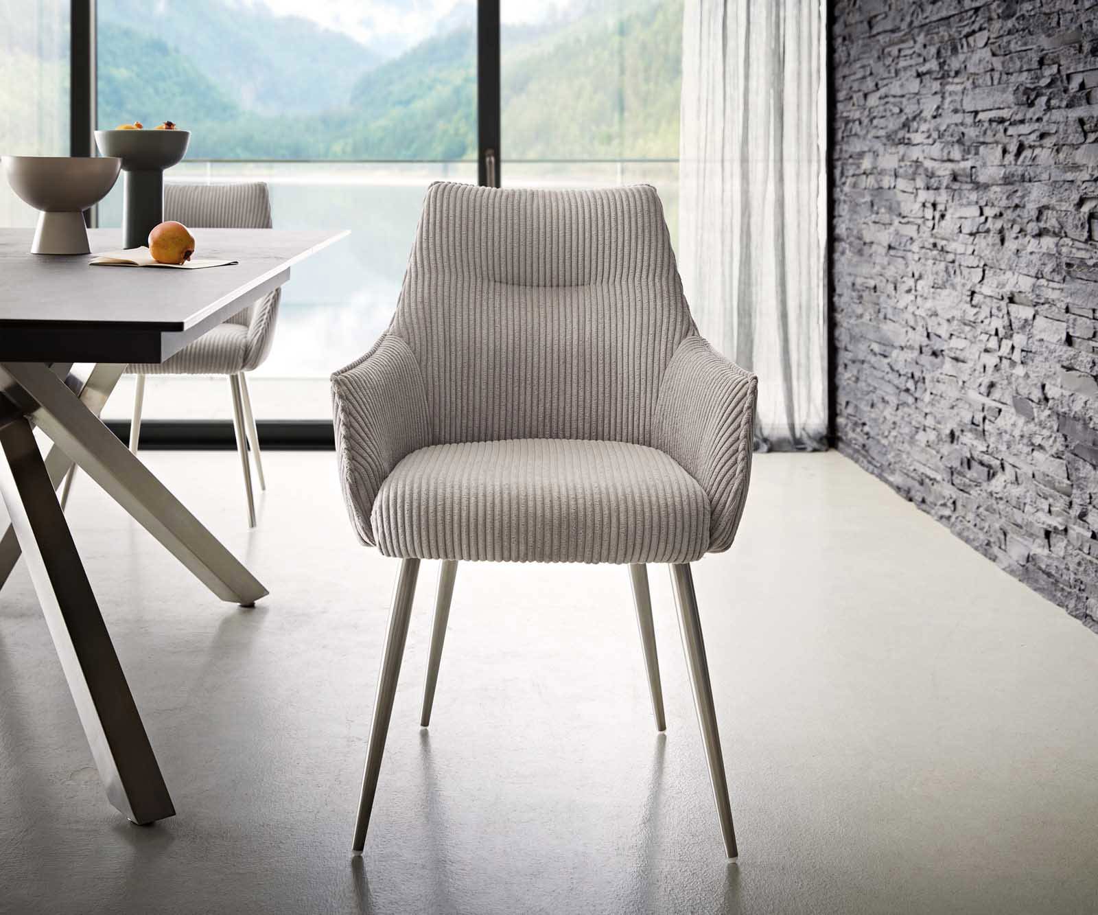 Chaise-de-salle-à-manger Alja-Flex avec accoudoirs côtelé gris argenté 4 pieds coniques acier inoxydable brossé ressorts ensachés 1