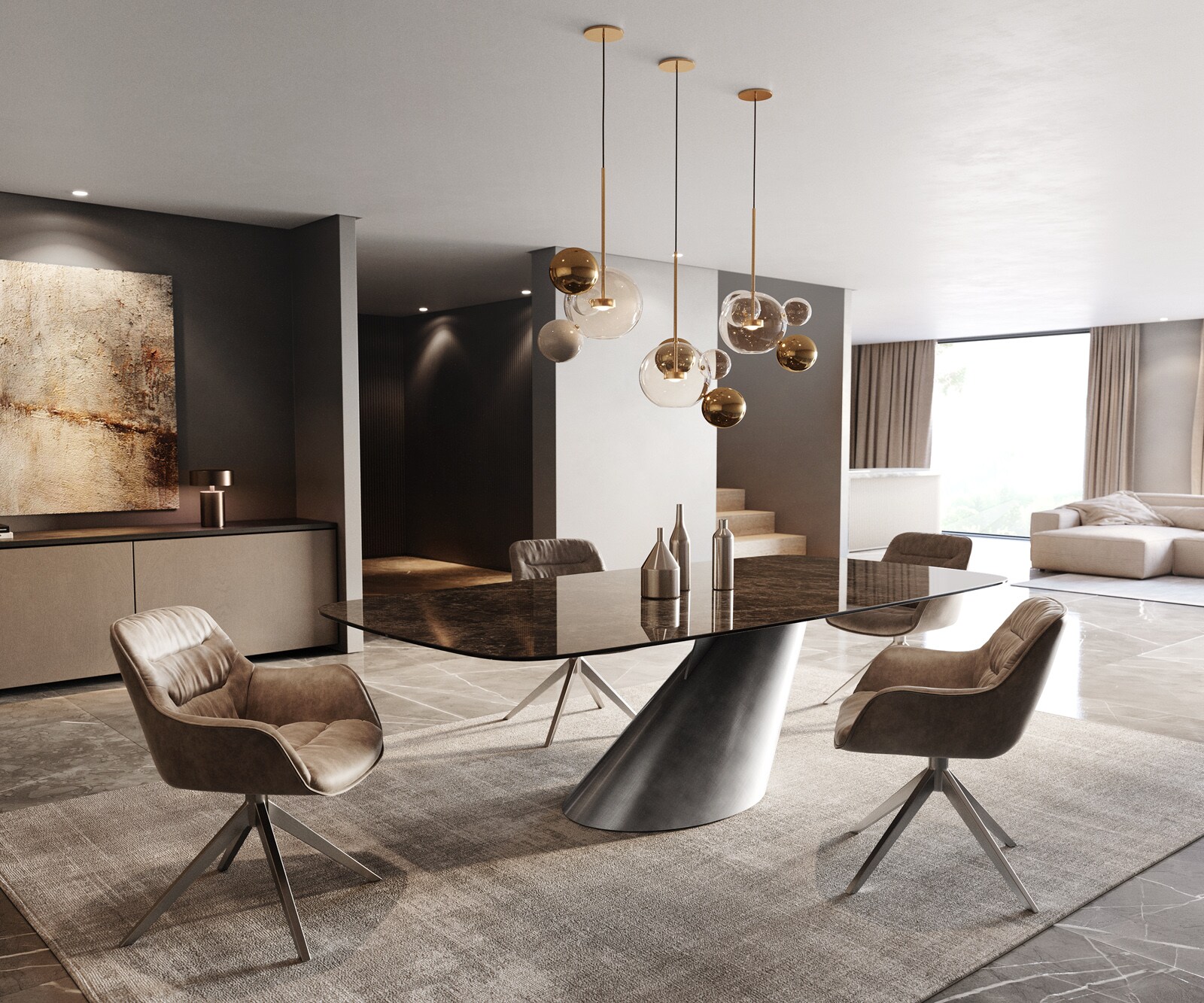 Table à manger Edge Boot 240x120 céramique Laminam® Emperador Extra Lucidato marron foncé Cono métallique argent 7