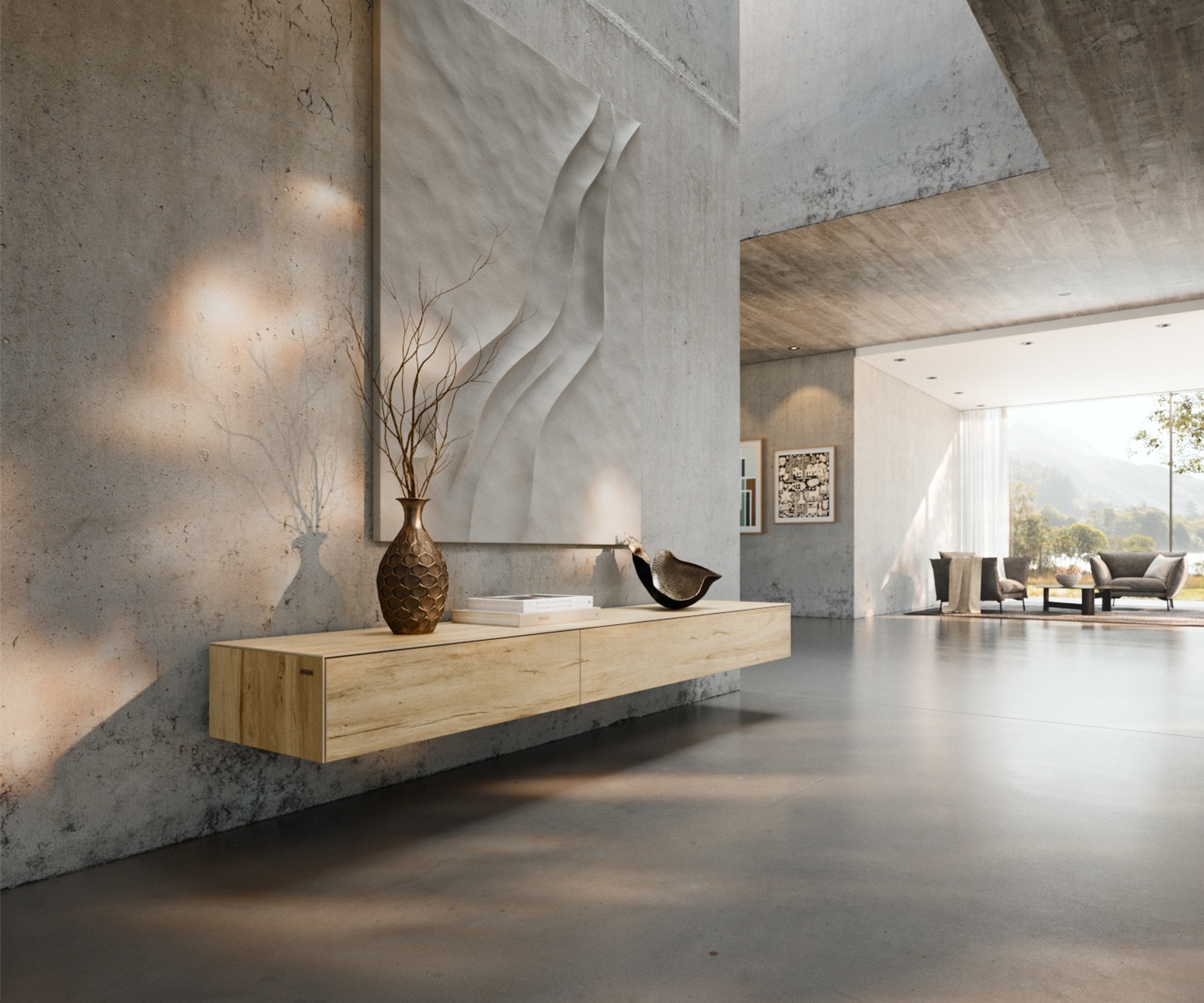 Meuble-TV Cuor 200 cm Céramique Laminam® Sabbia Teinte chêne 1 Clapet 1 Tiroir Flottant