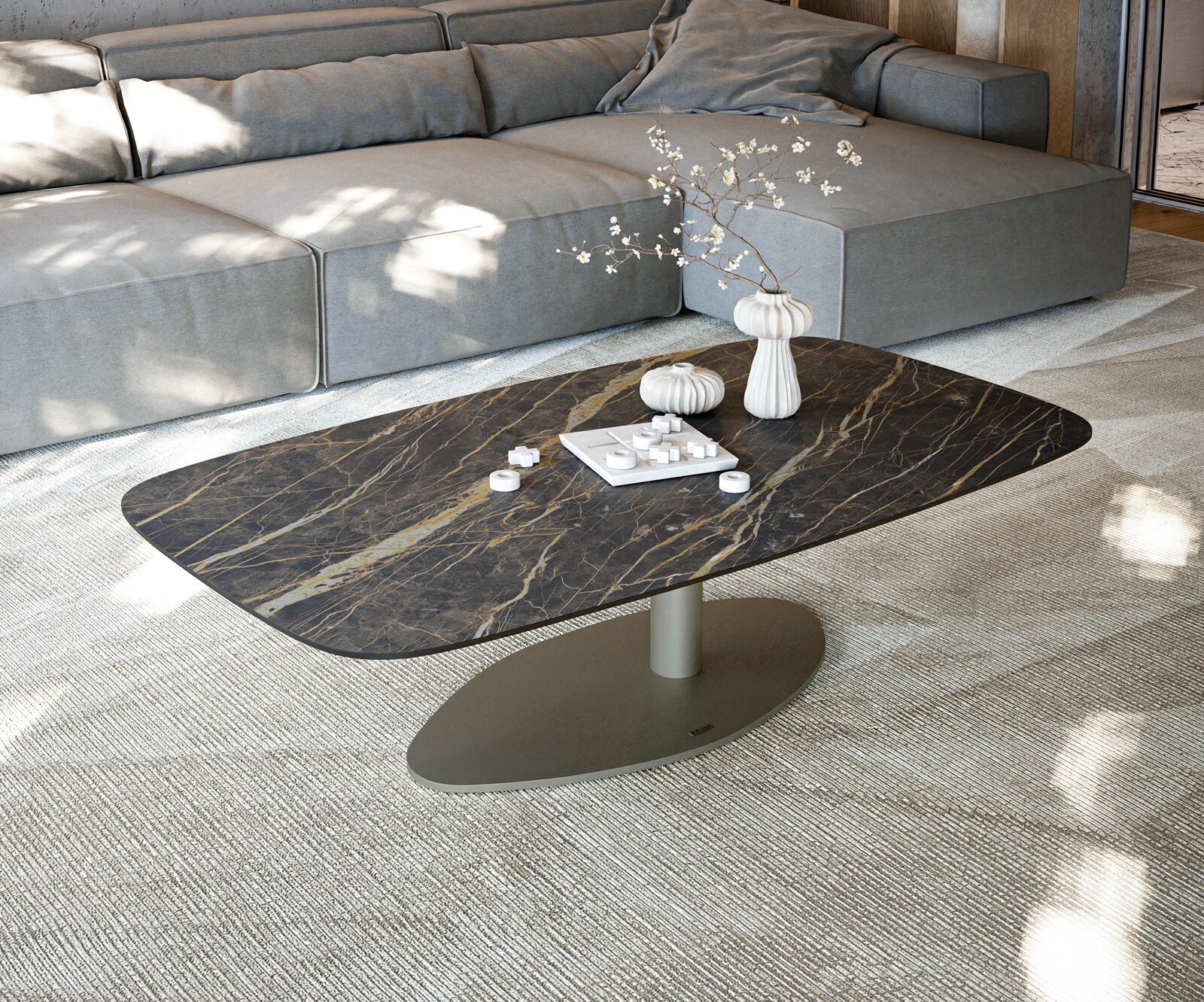 Table basse Edge Boot 140x80 cm céramique Laminam® Noir Desir brun Vibany Metall finition effet titane 2