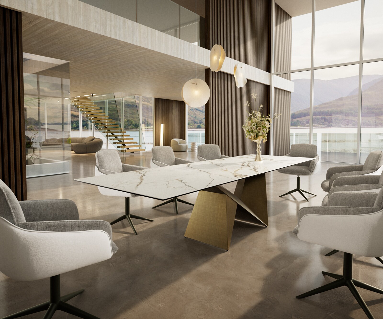 Table à manger Edge 300x100 céramique Calacatta Luxe blanc-doré-gris Origami métallique doré 6