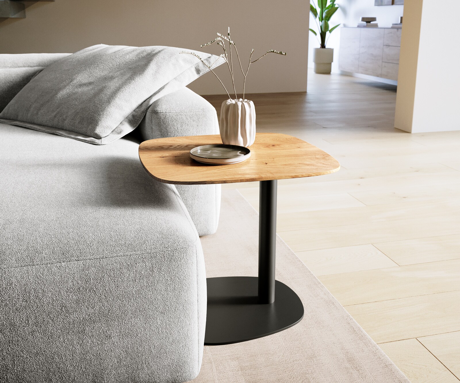 Table basse Edge Boot 50x50 cm chêne naturel bord suisse Eleny métal noir 2