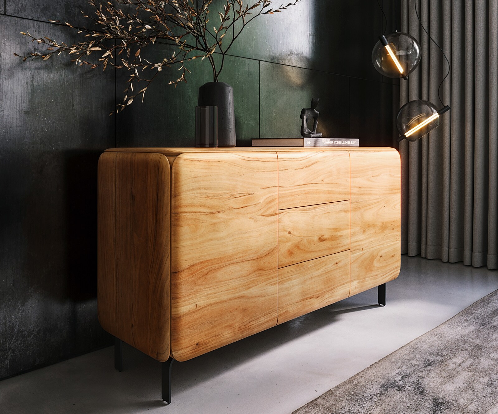 Buffet Shavani 145 cm, acacia naturel, 2 portes, 3 tiroirs, pieds en L, métal noir 1
