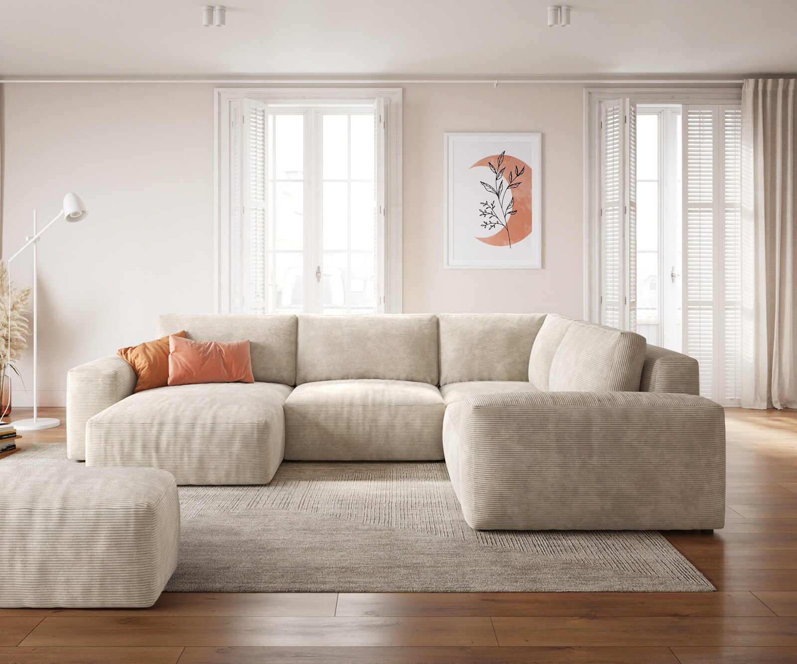 Grand canapé d’angle Lanzo 300x210 cm velours côtelé beige méridienne réversible avec pouf 2