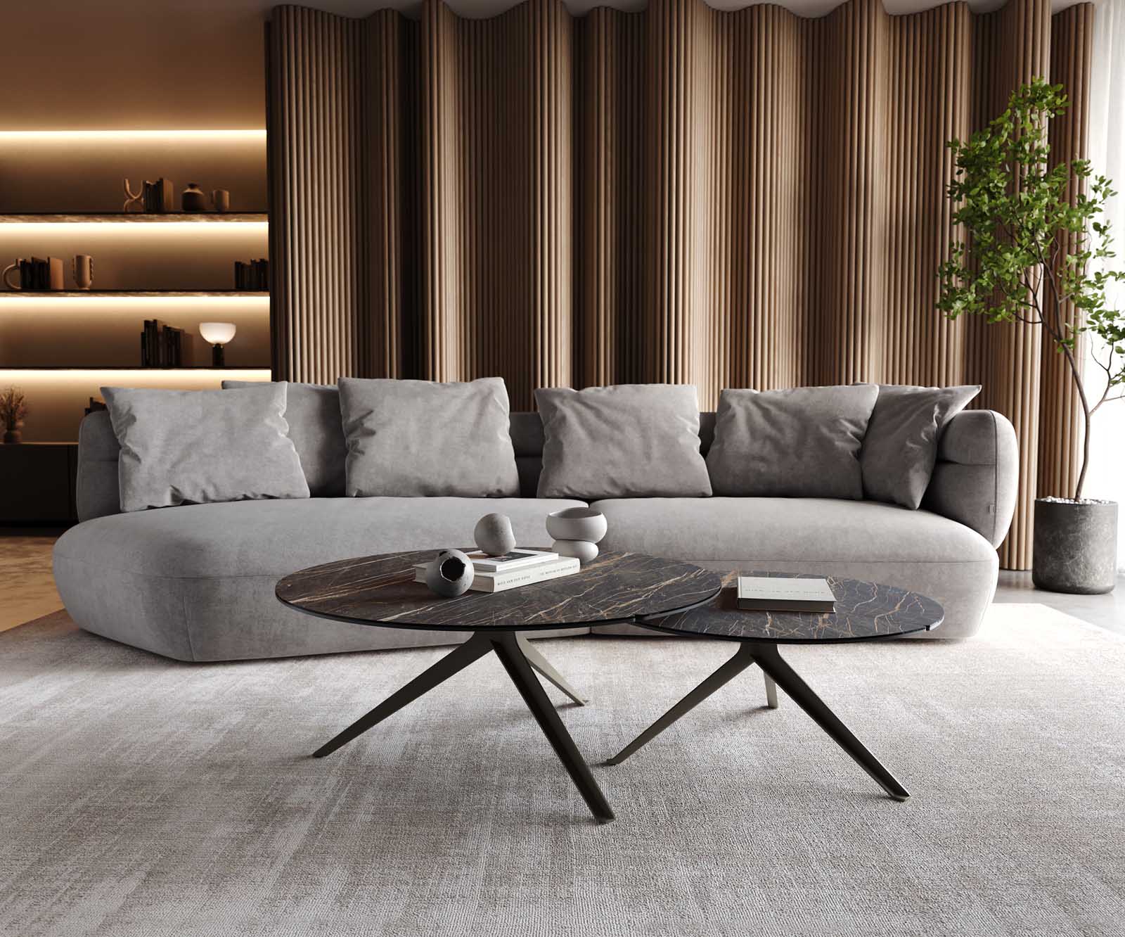Table-basse Delron 70x70 cm Céramique Laminam®Noir Désir Marron Pied croisé Plat Métal Finition Effet Titane 6