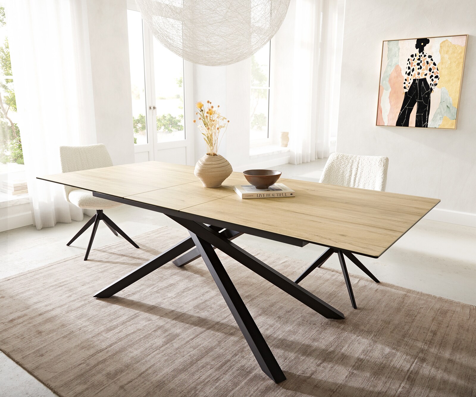 Table à manger Edge 180-220x100 céramique Laminam® Sabbia couleur chêne cadre croisé rectangulaire noir extensible 1