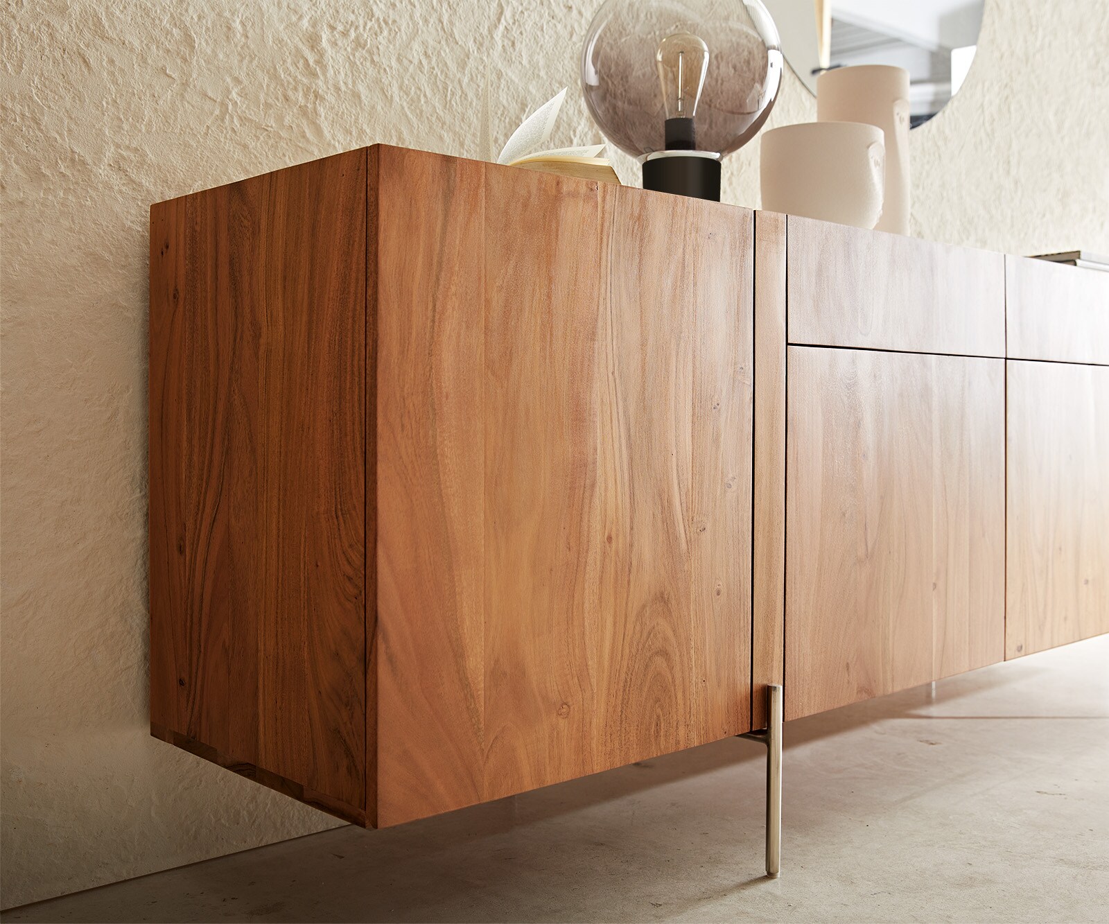 Buffet Secara 200 cm acacia naturel 4 portes 2 tiroirs marbre pieds inoxydable 4