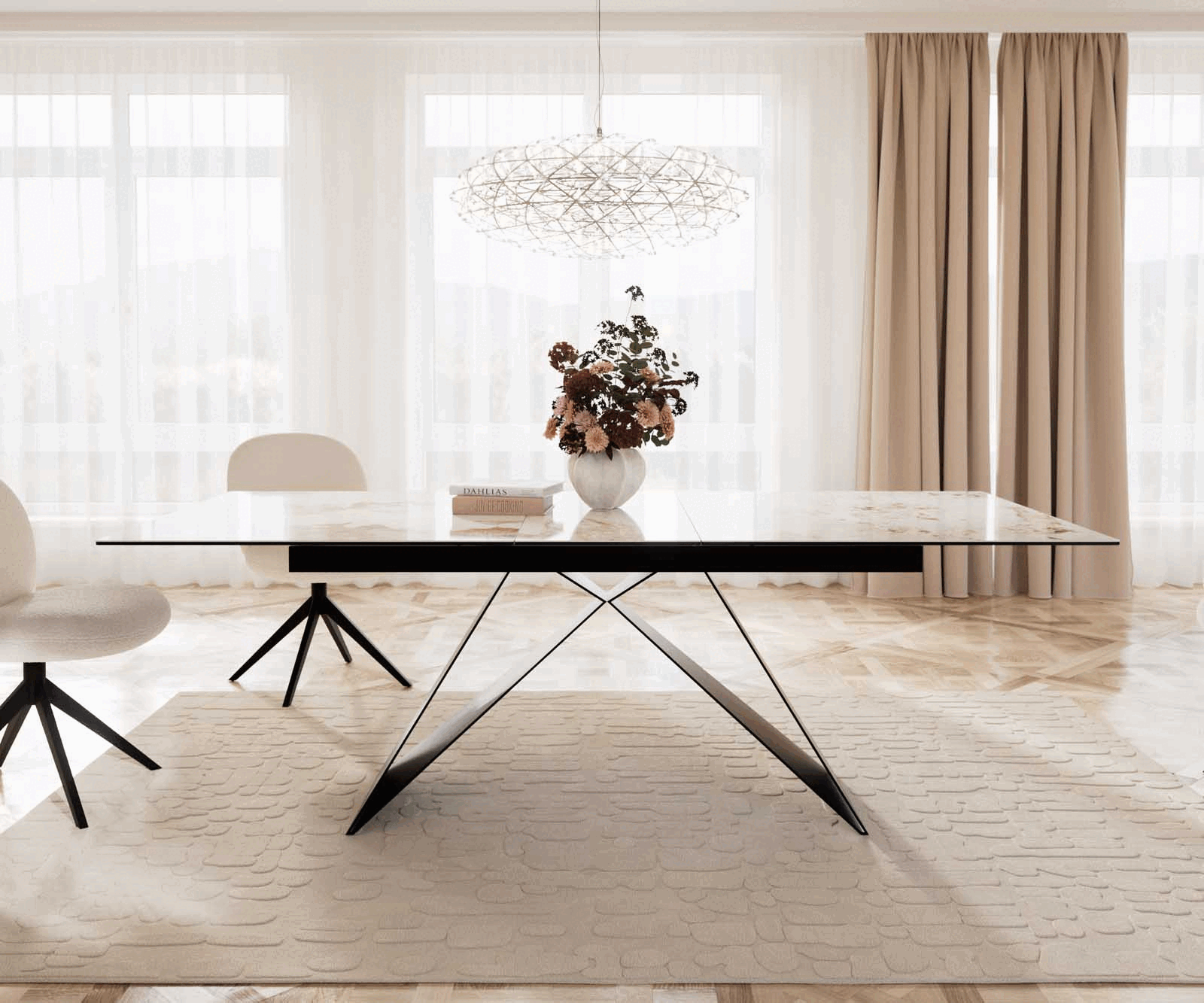 Table à manger Edge 180-220x100 céramique Minas mélange blanc-beige cadre en V acier plat noir extensible 1