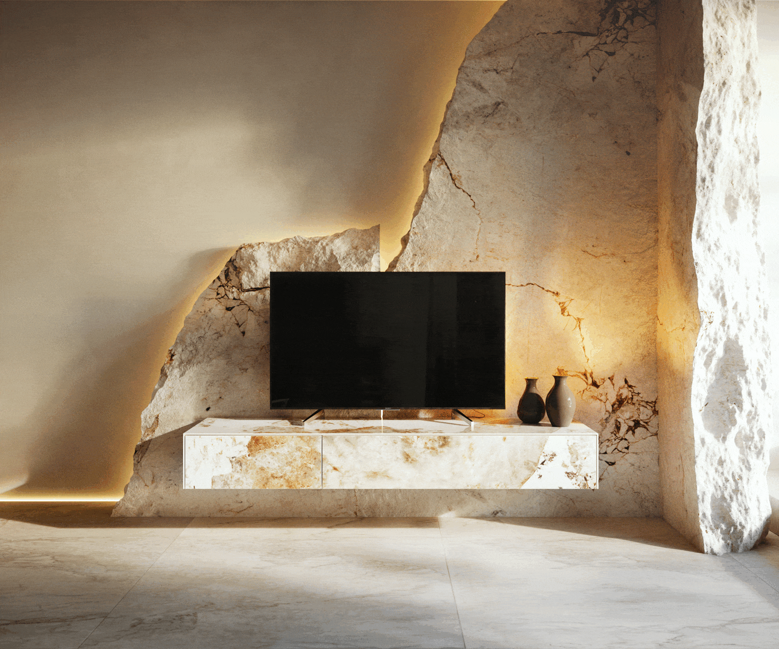 Meuble-TV Cuor 150 cm Céramique Minas Melange Blanc-beige 1 Clapet 1 Tiroir Flottant 5