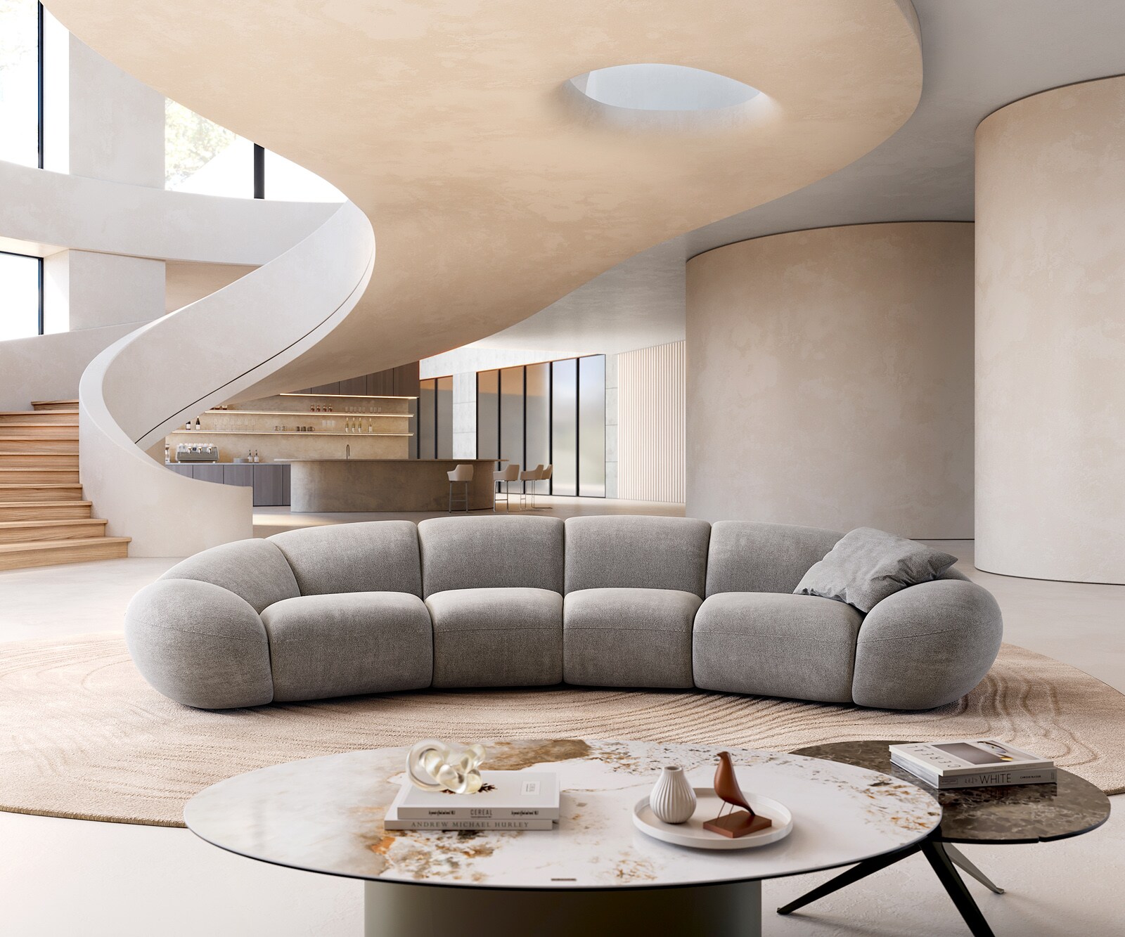 Bigsofa Lunna 360x175 cm Tissu structuré Soft Gris 2 coussins