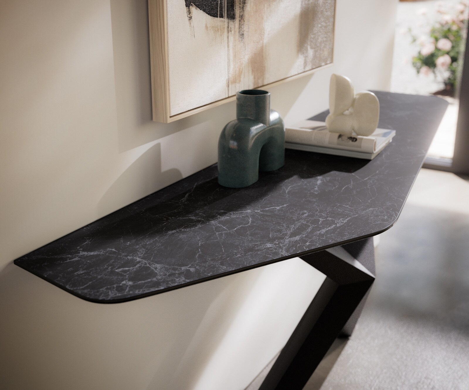 Console Edge Polygonal 180x50 cm Céramique Laminam® Nero Greco Anthrazit Zentharo Métal Noir 4